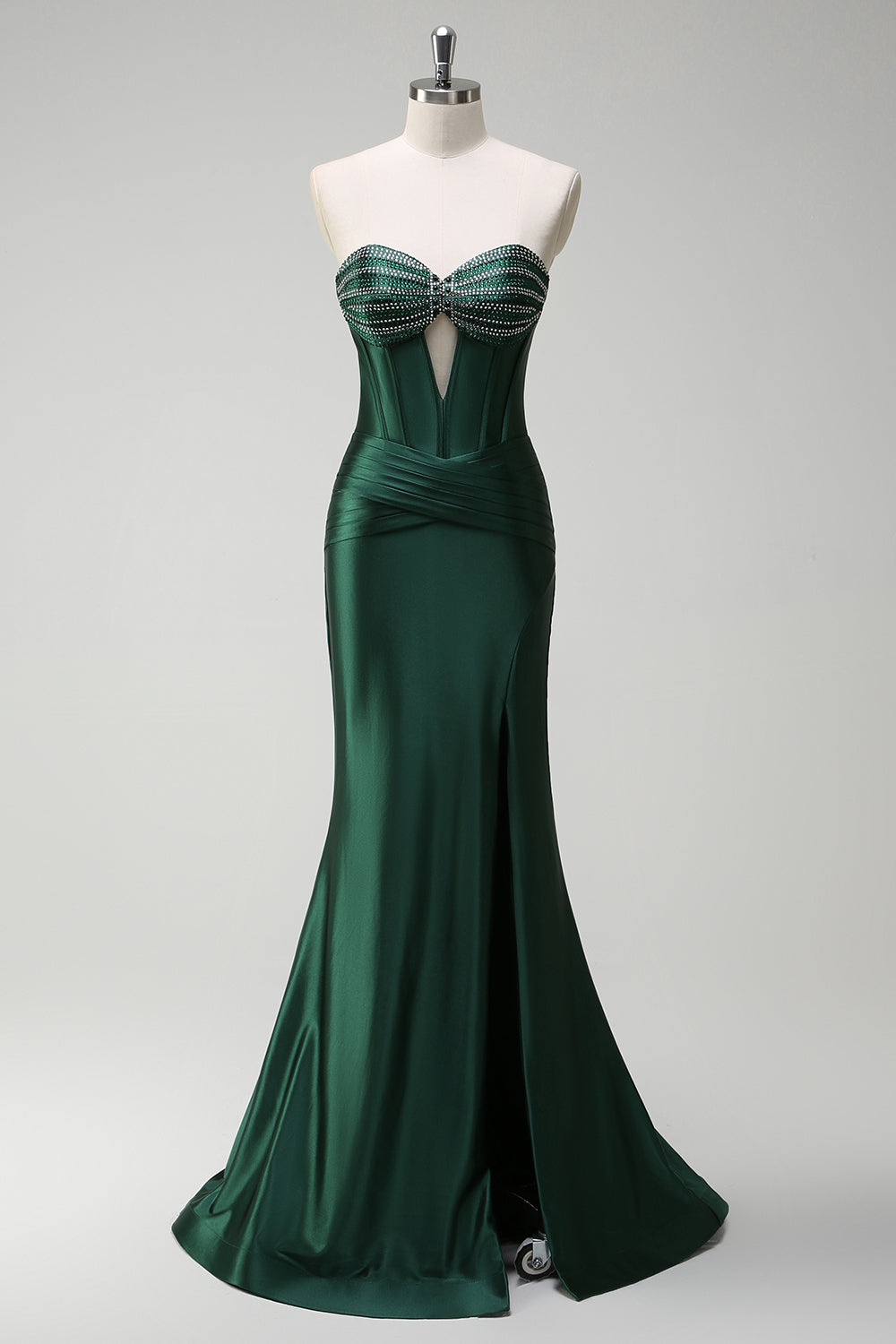 Sparkly Dark Green Mermaid Beaded Corset Satin Long Prom Dress with Slit