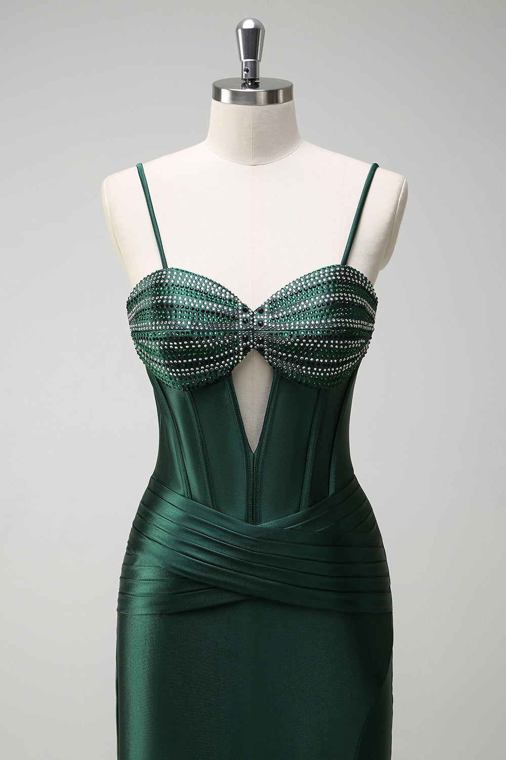 Sparkly Dark Green Mermaid Beaded Corset Satin Long Prom Dress with Slit