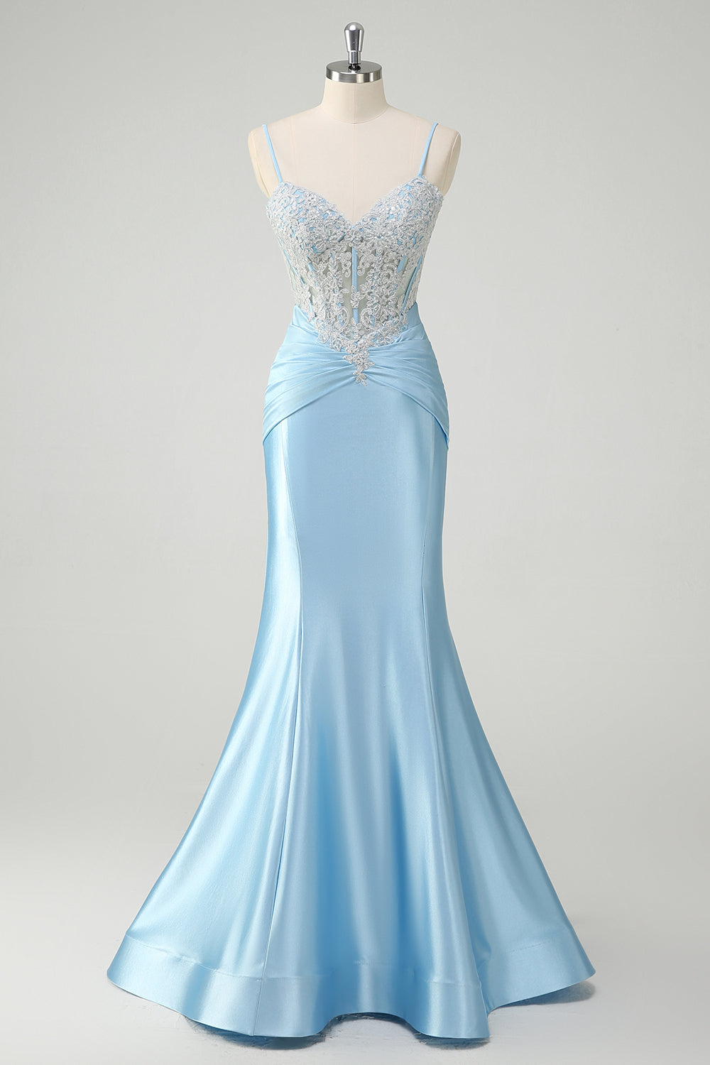 Blue Floral Mermaid Spaghetti Straps Long Prom Dress