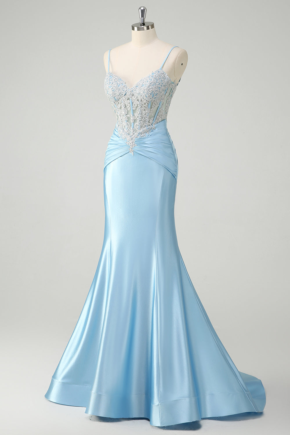 Blue Floral Mermaid Spaghetti Straps Long Prom Dress