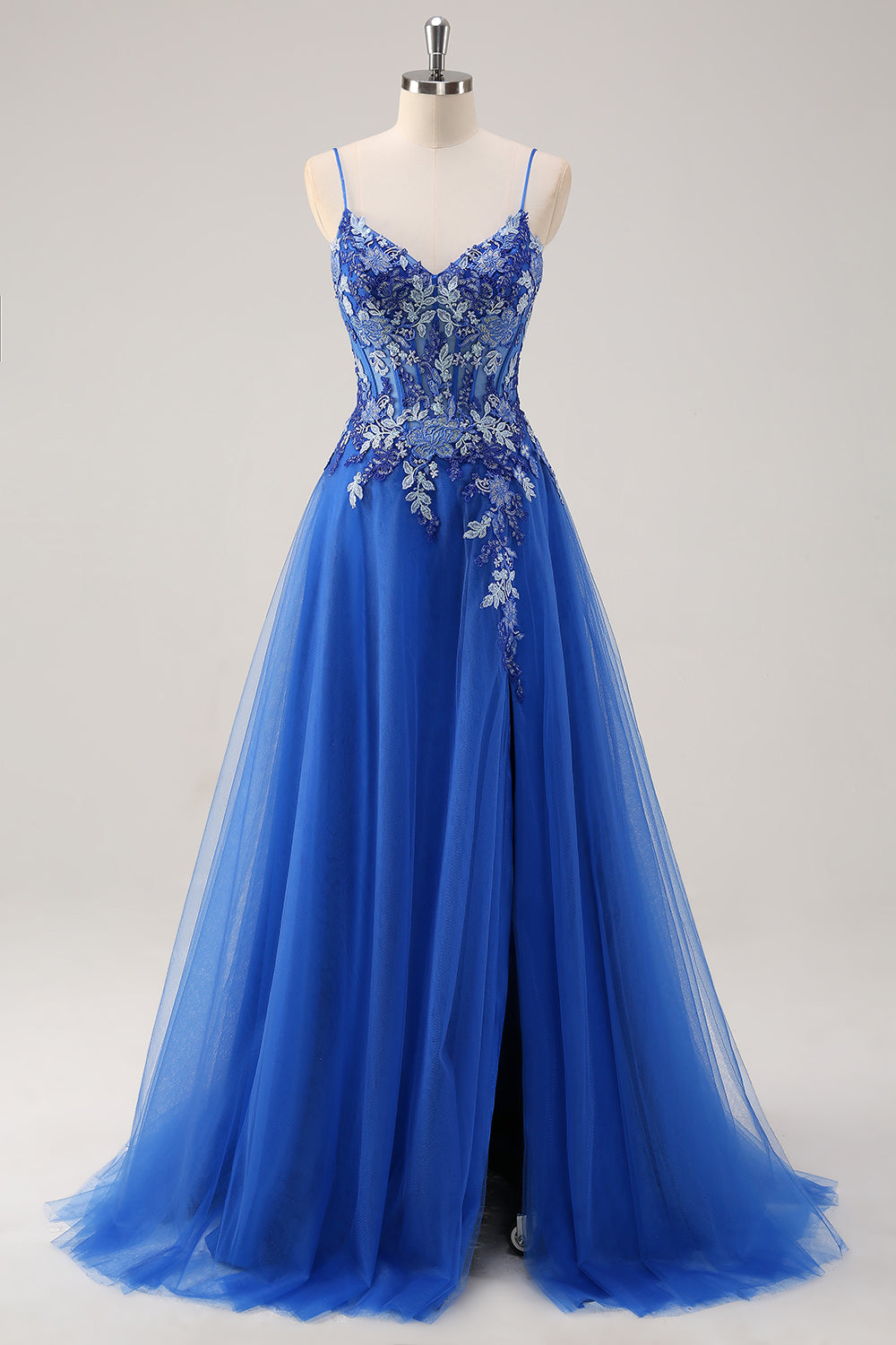 Royal Blue A Line Applique Spaghetti Strap Tulle Prom Dress with Slit