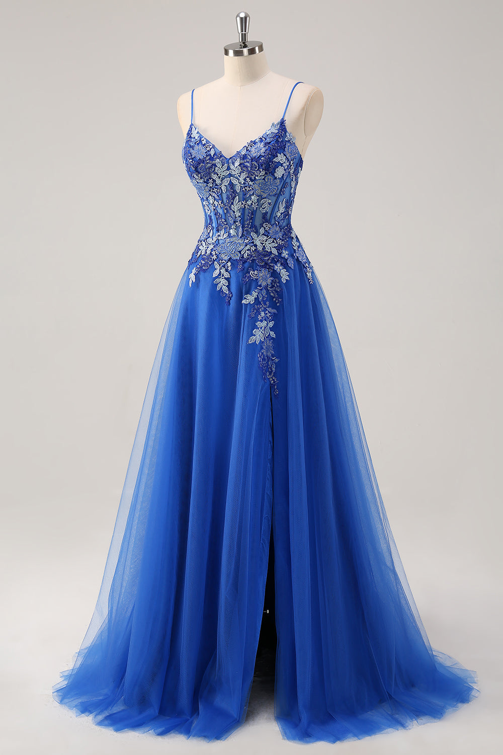 Royal Blue A-Line Applique Spaghetti Strap Prom Dress with Slit