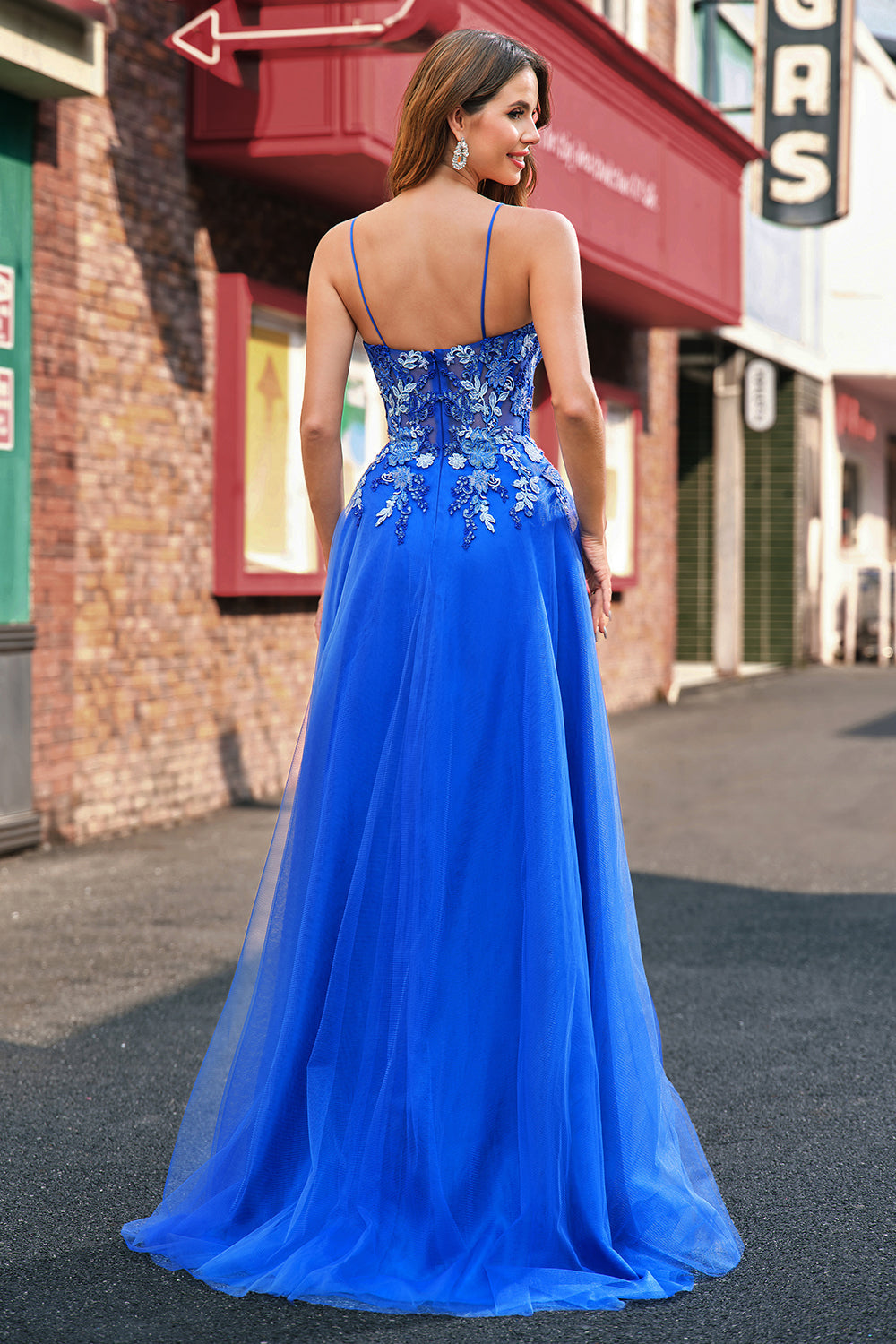 Royal Blue A Line Applique Spaghetti Strap Tulle Prom Dress with Slit