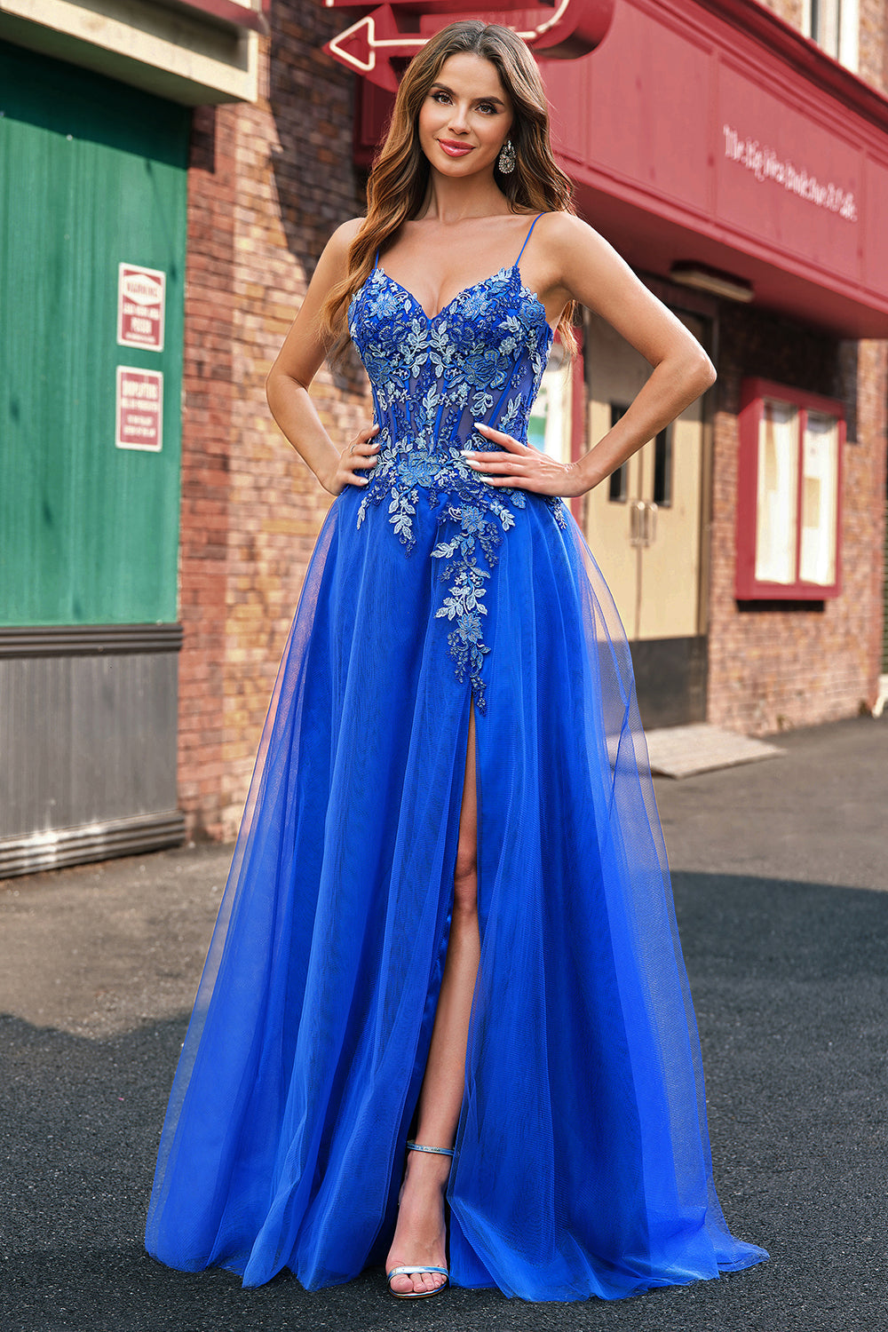 Royal Blue A Line Applique Spaghetti Strap Tulle Prom Dress with Slit