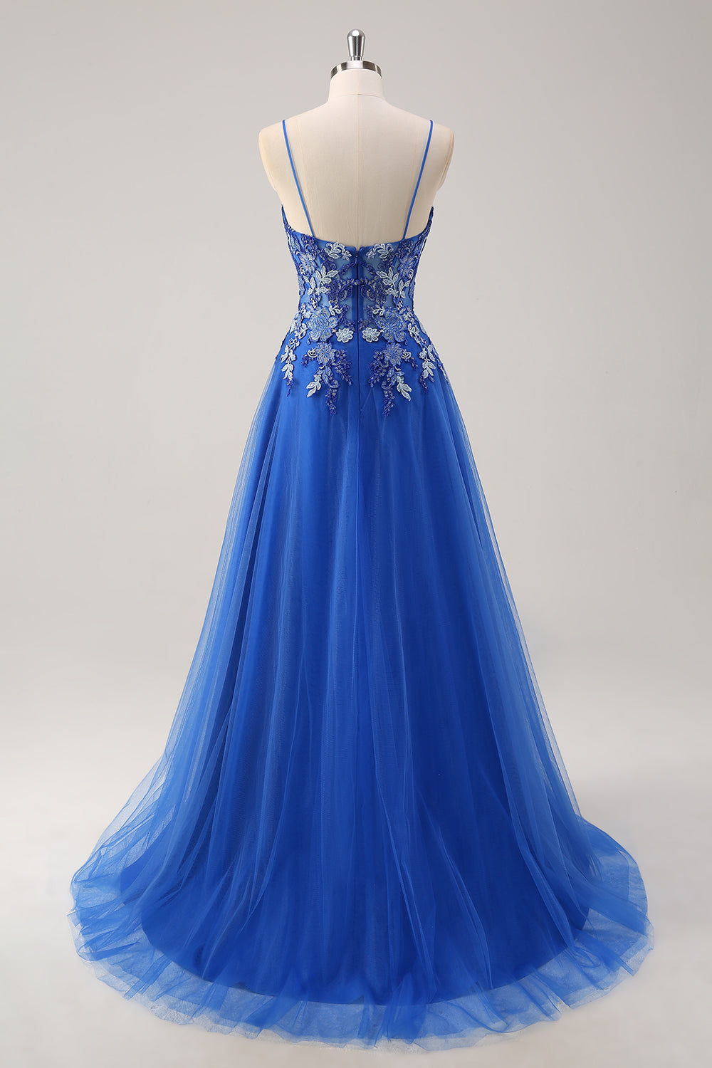 Royal Blue A Line Applique Spaghetti Strap Tulle Prom Dress with Slit