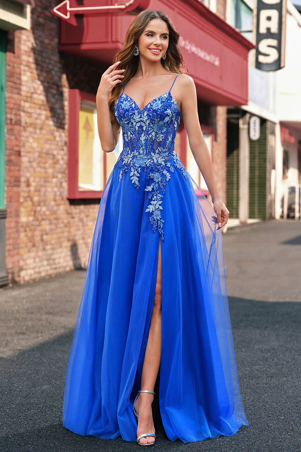 Royal Blue A-Line Applique Spaghetti Strap Prom Dress with Slit