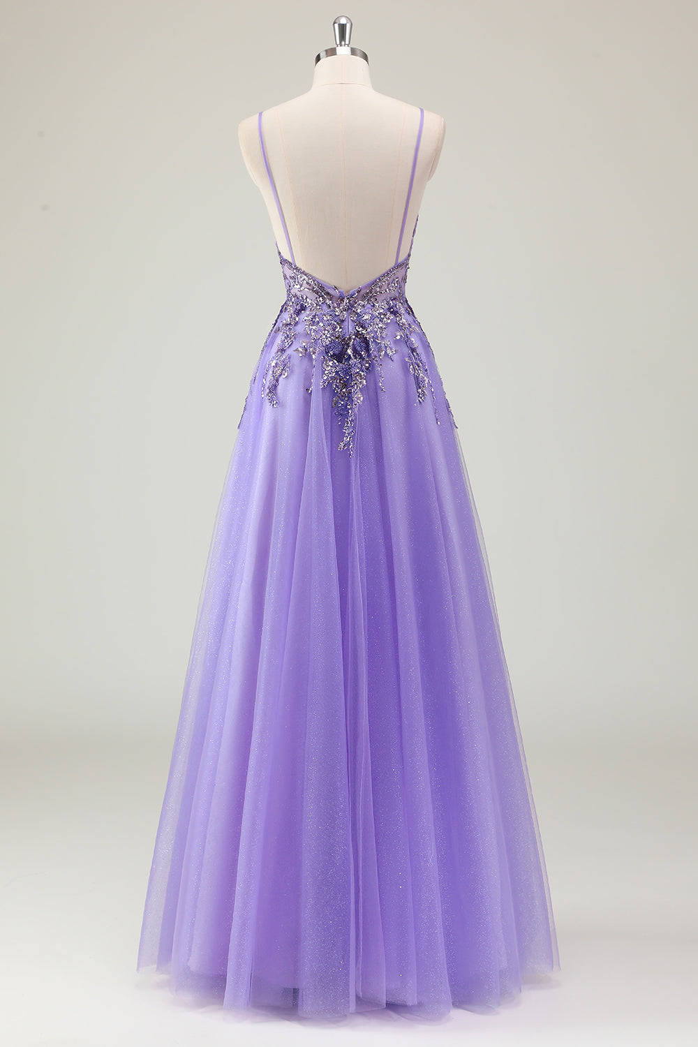 Sparkly Purple A-Line Applique Spaghetti Strap Prom Dress