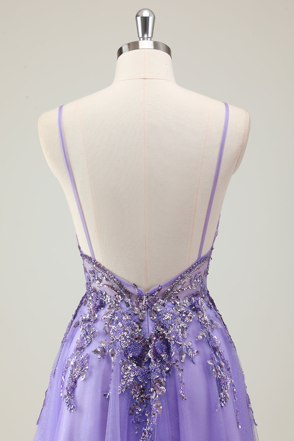 Sparkly Purple A-Line Applique Spaghetti Strap Prom Dress