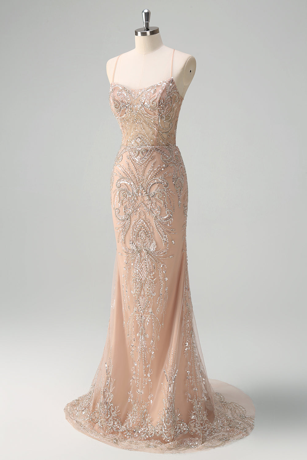 Sparkly Mermaid Champagne Spaghetti Straps Long Prom Dress