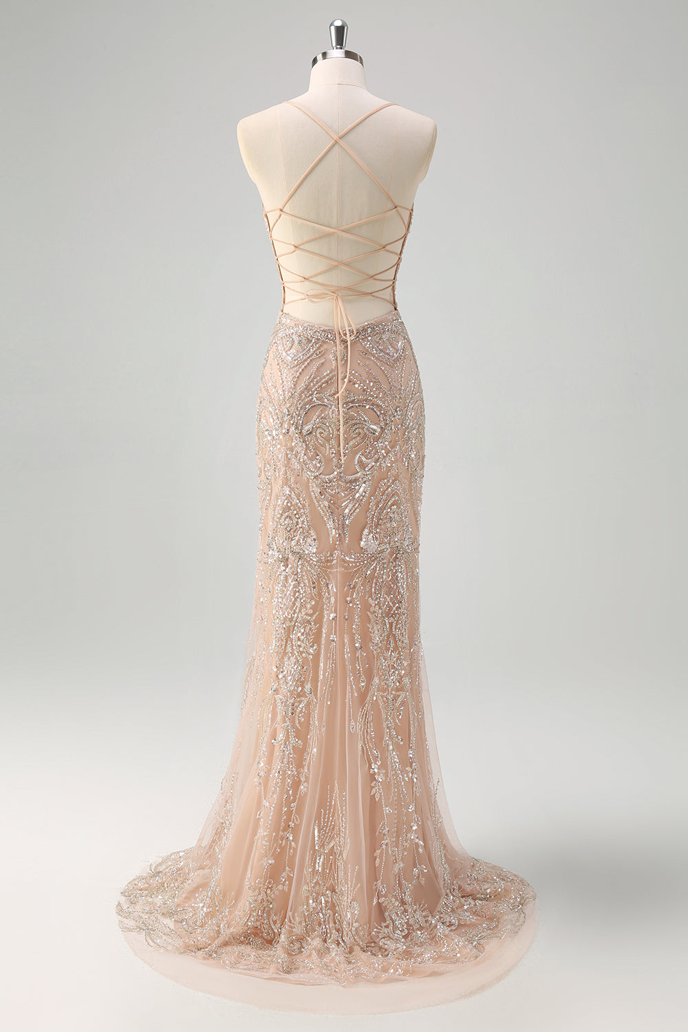 Sparkly Mermaid Champagne Spaghetti Straps Long Prom Dress