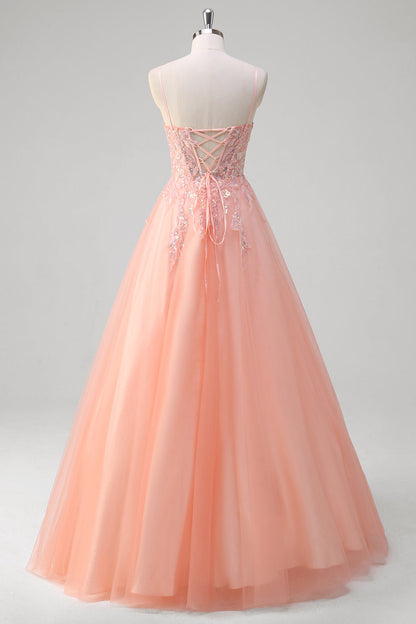 Sparkly Peach Floral A-Line Spaghetti Straps Long Prom Dress