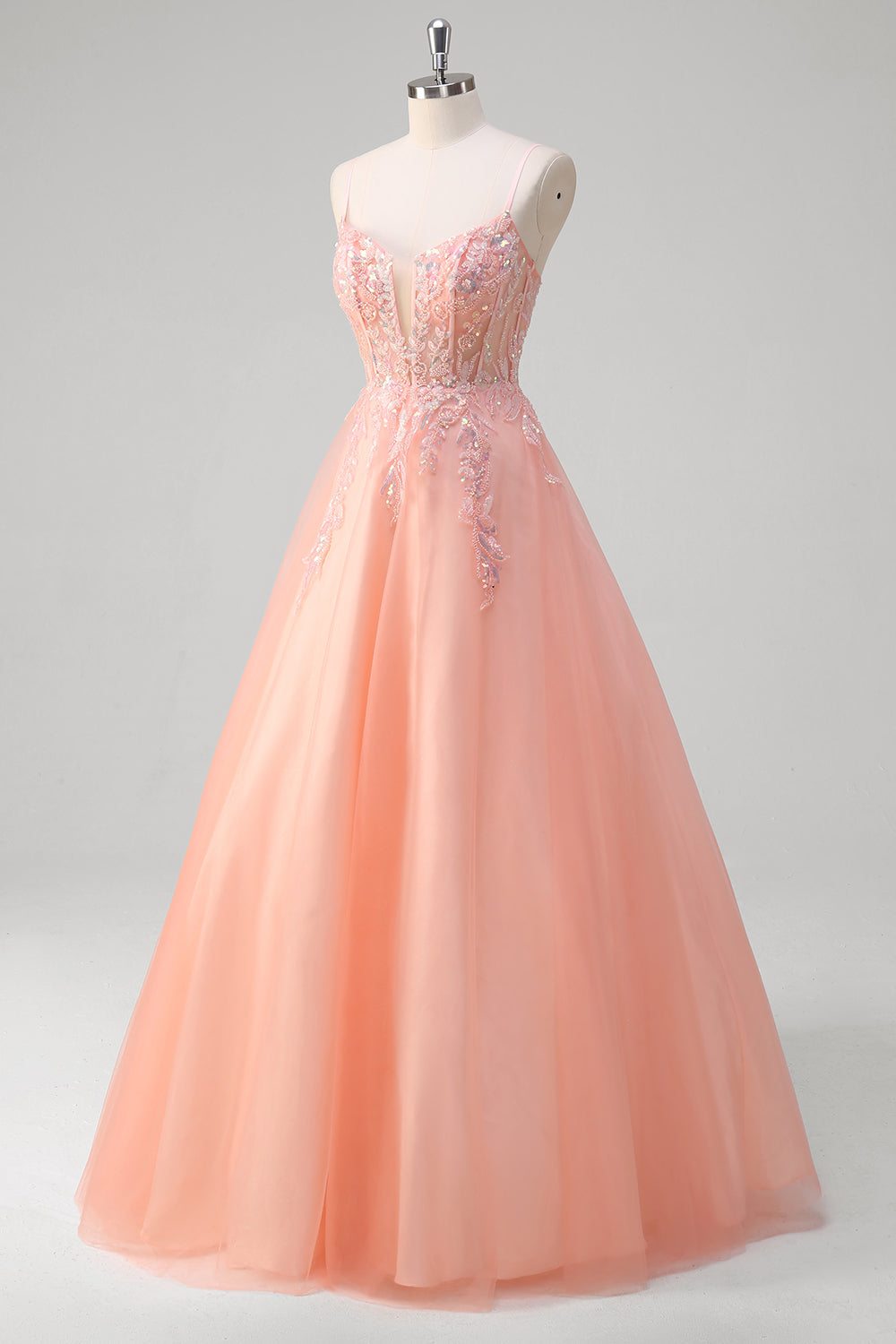 Sparkly Peach Floral A-Line Spaghetti Straps Long Prom Dress