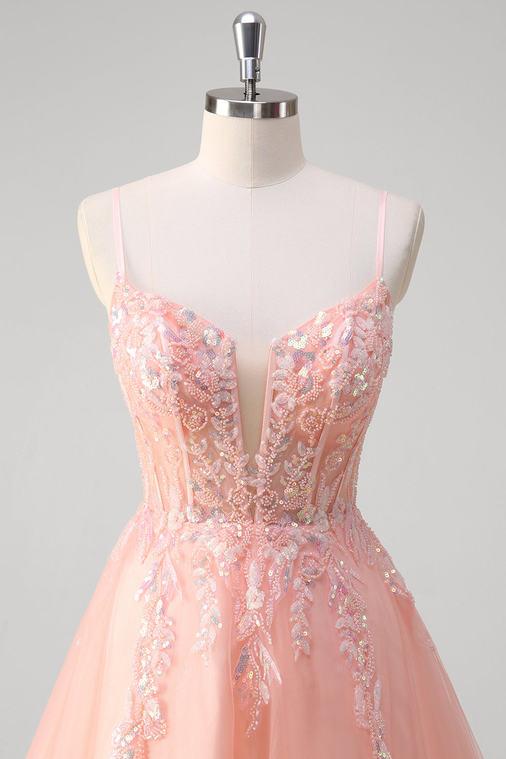 Sparkly Peach Floral A-Line Spaghetti Straps Long Prom Dress