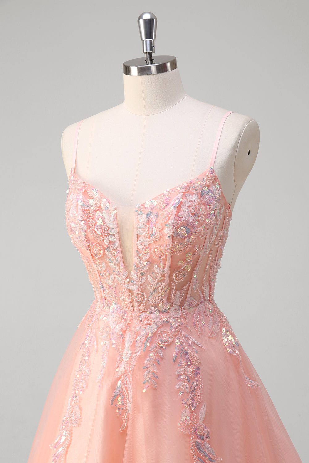 Sparkly Peach Floral A-Line Spaghetti Straps Long Prom Dress