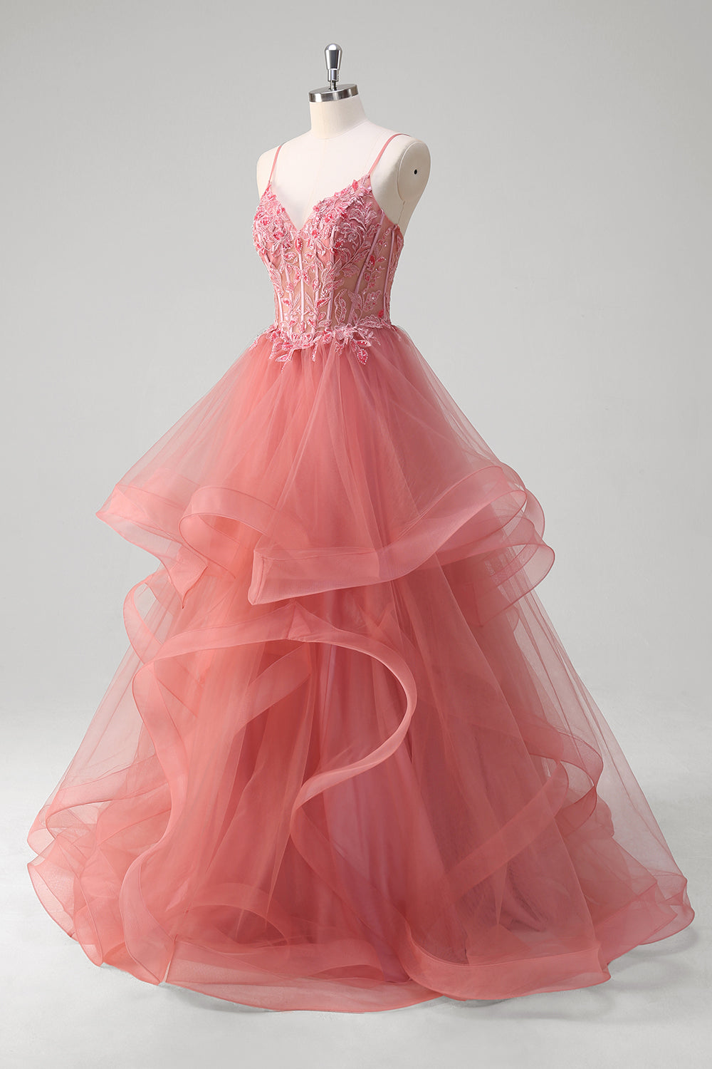 A-Line Coral Applique Beaded Spaghetti Straps Long Prom Dress