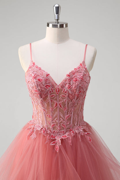 A-Line Coral Applique Beaded Spaghetti Straps Long Prom Dress