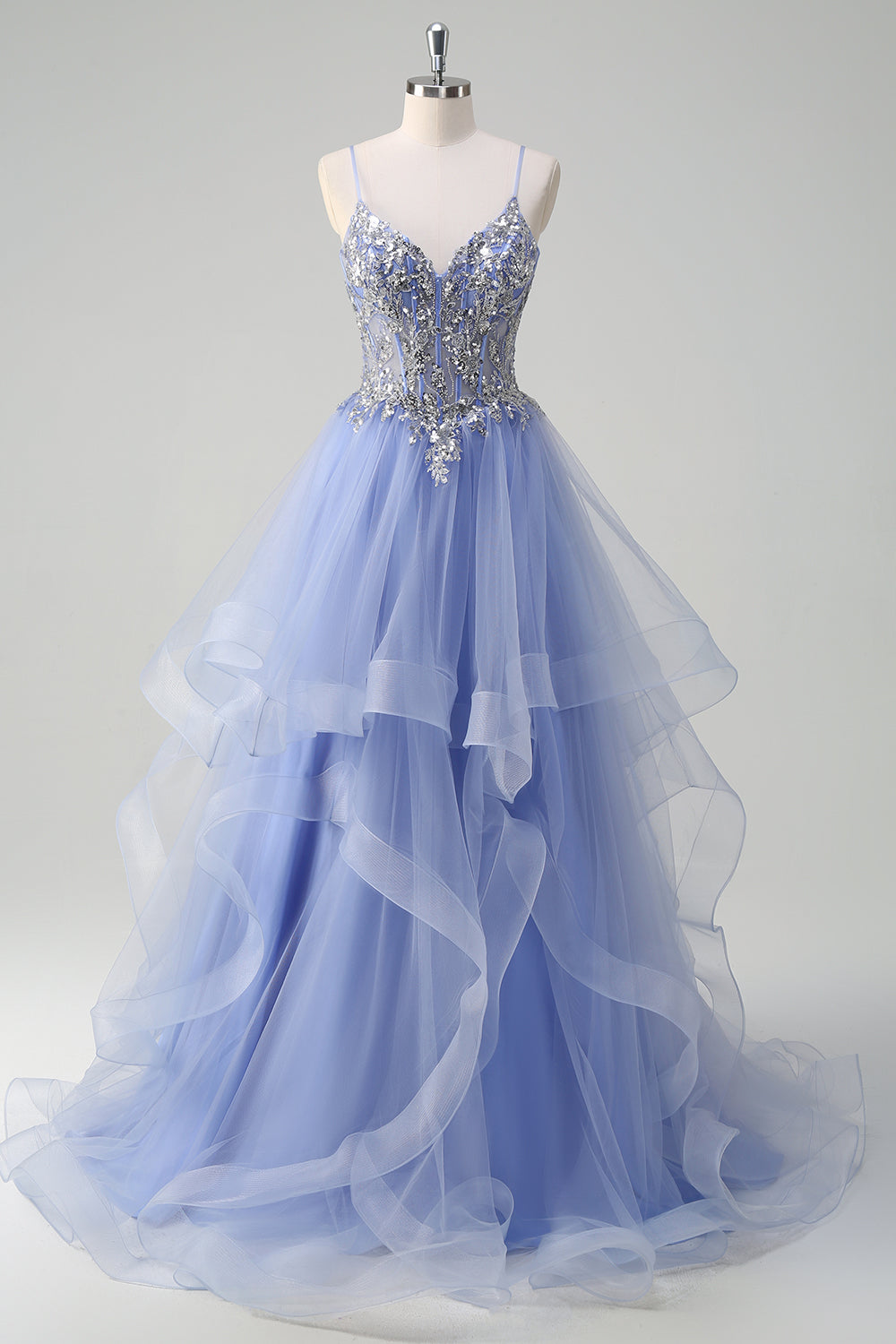 Sparkly Sequins Light Blue A Line Spaghetti Straps Long Prom Dress with Spiral Ruffles