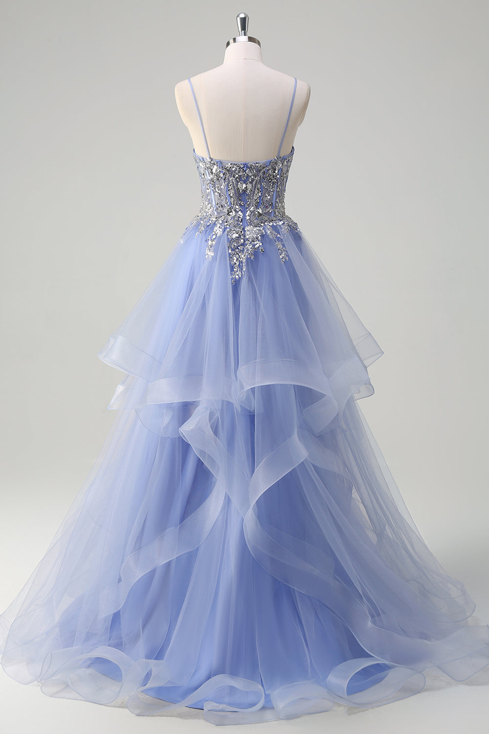 Sparkly Sequins Light Blue A Line Spaghetti Straps Long Prom Dress with Spiral Ruffles