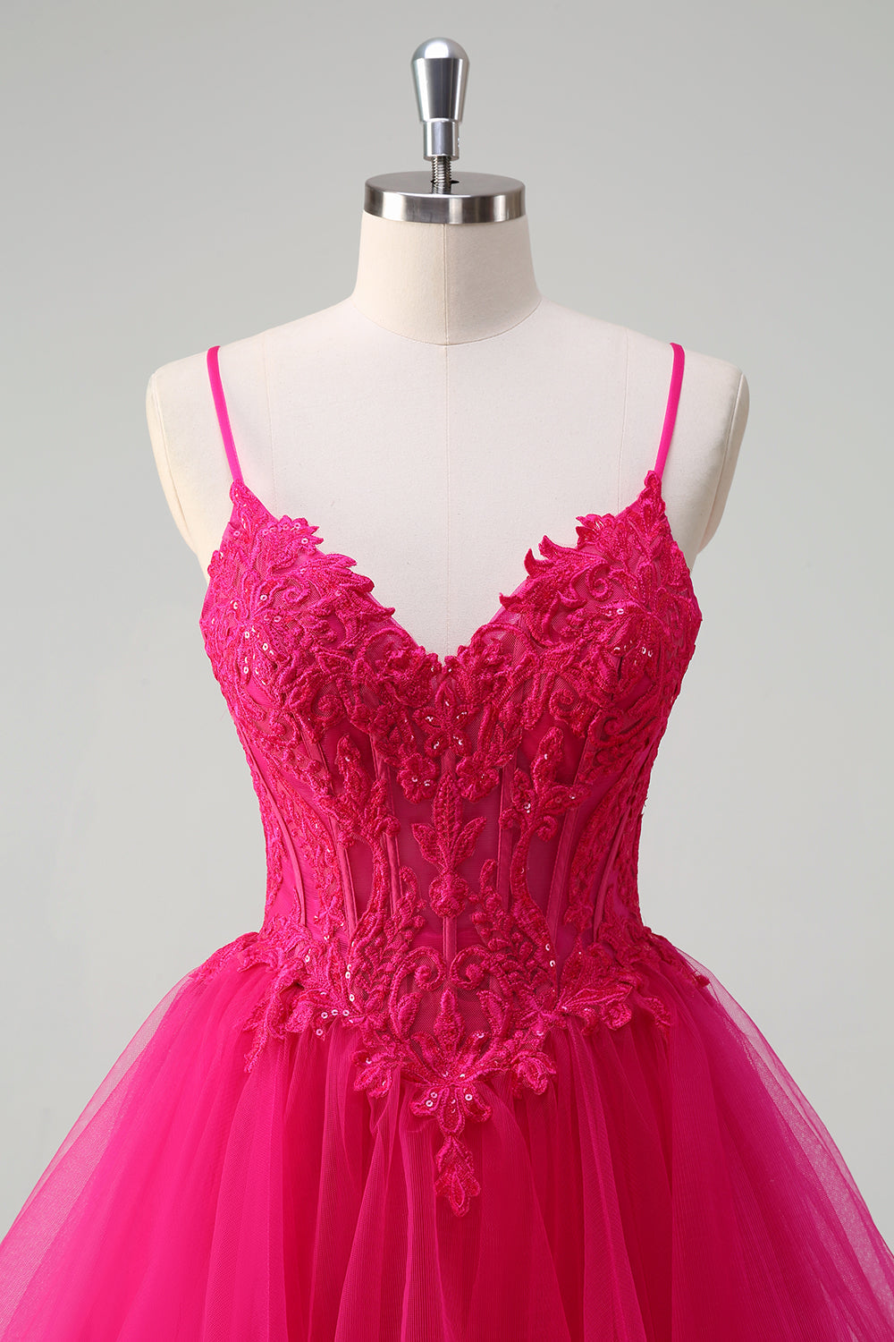 Hot Pink Appliques Corset Spaghetti Straps A Line Spiral Ruffles Prom Dress