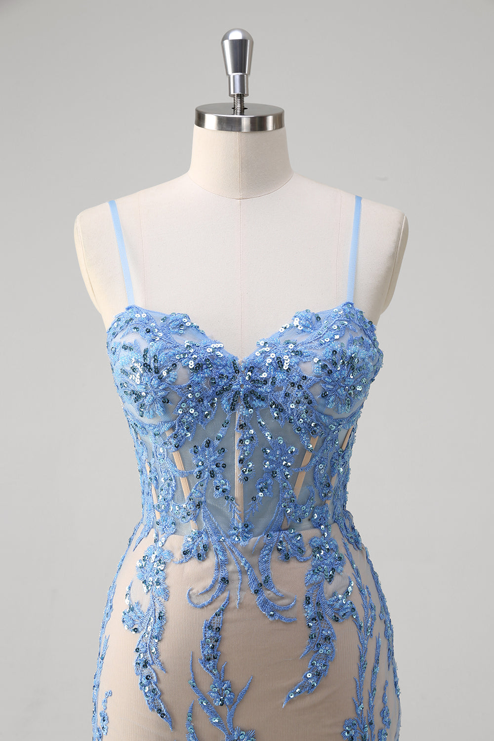 Sparkly Blue Mermaid Spaghetti Straps Long Prom Dress with Appliques