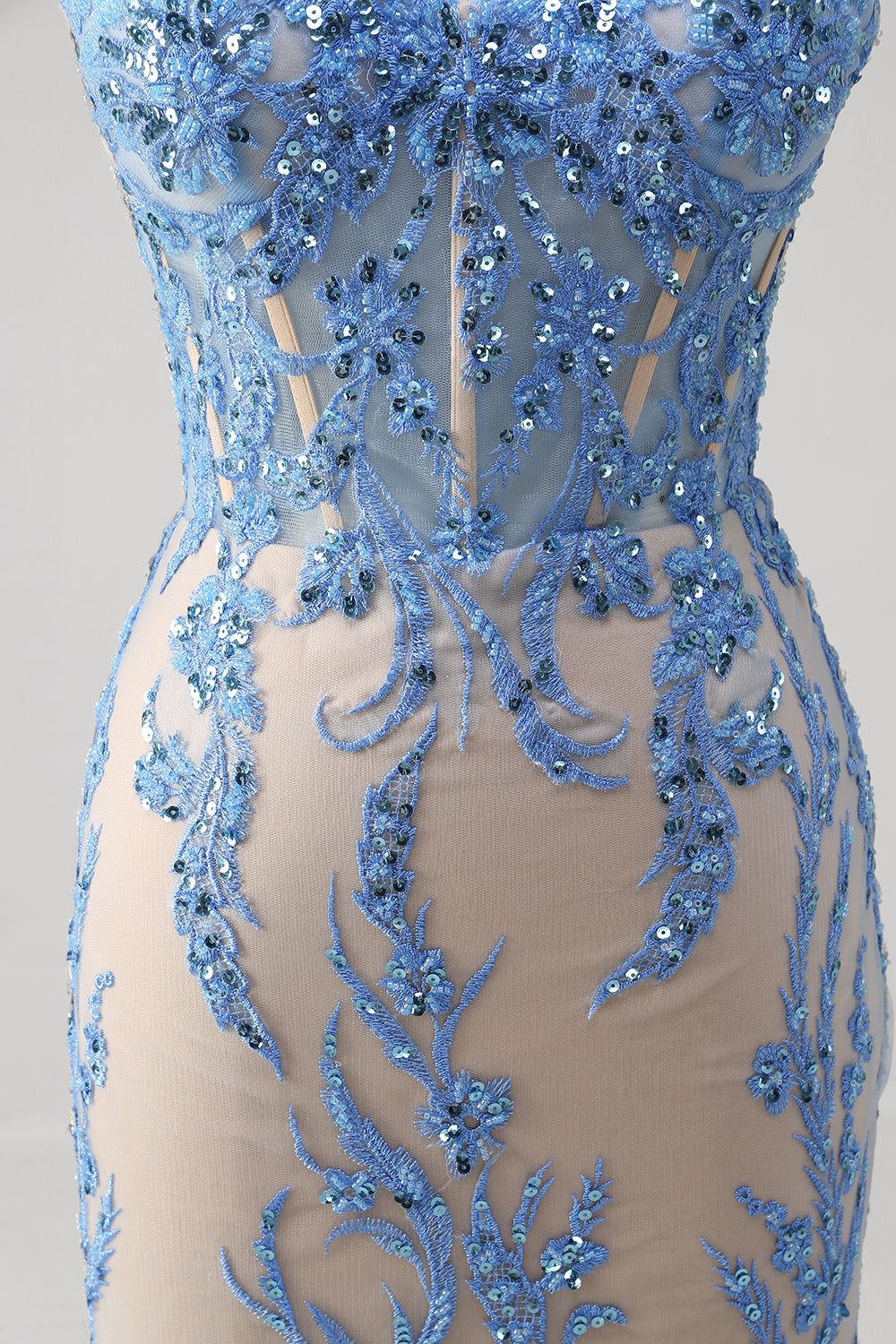 Sparkly Blue Mermaid Spaghetti Straps Long Prom Dress with Appliques