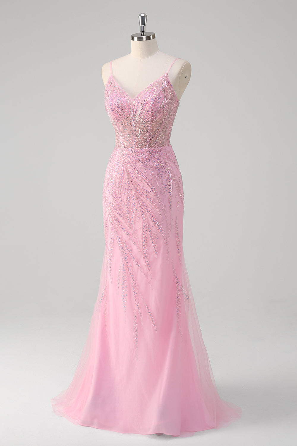 Sparkly Pink Mermaid Spaghetti Straps Beaded Long Prom Dress