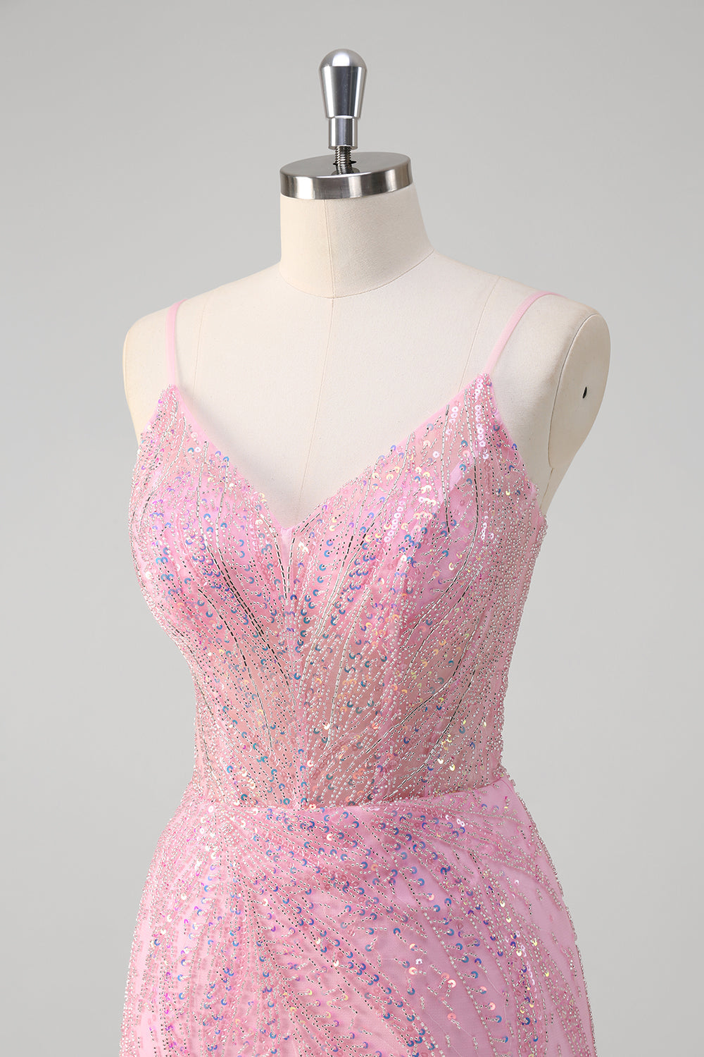 Sparkly Pink Mermaid Spaghetti Straps Beaded Long Prom Dress