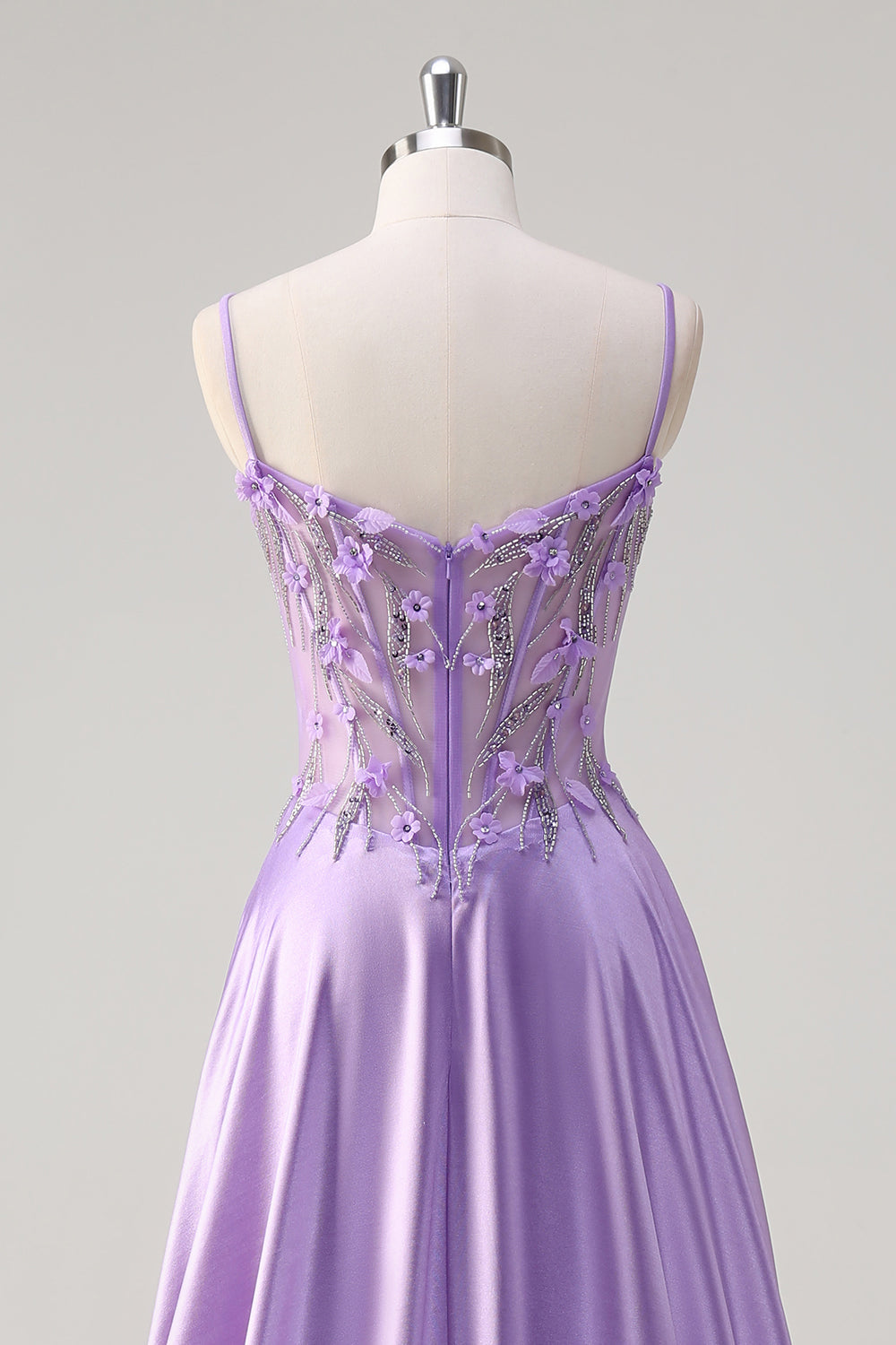 A-Line Purple Floral Beaded Spaghetti Straps Long Prom Dress with Slit