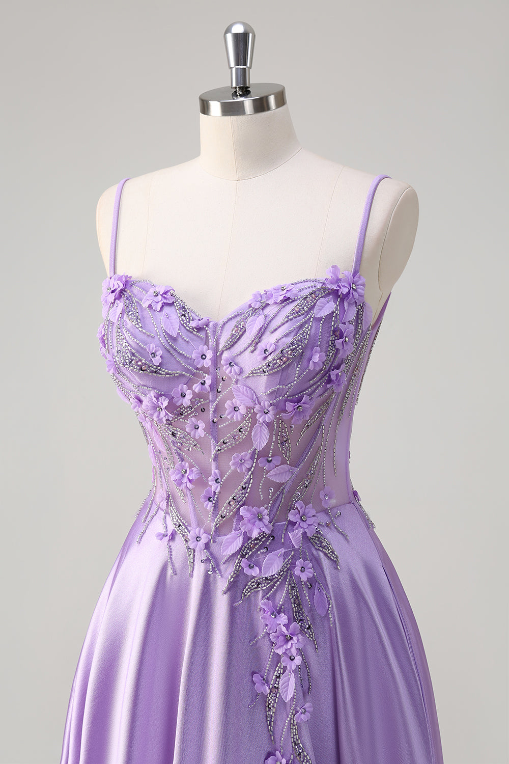 A-Line Purple Floral Beaded Spaghetti Straps Long Prom Dress with Slit