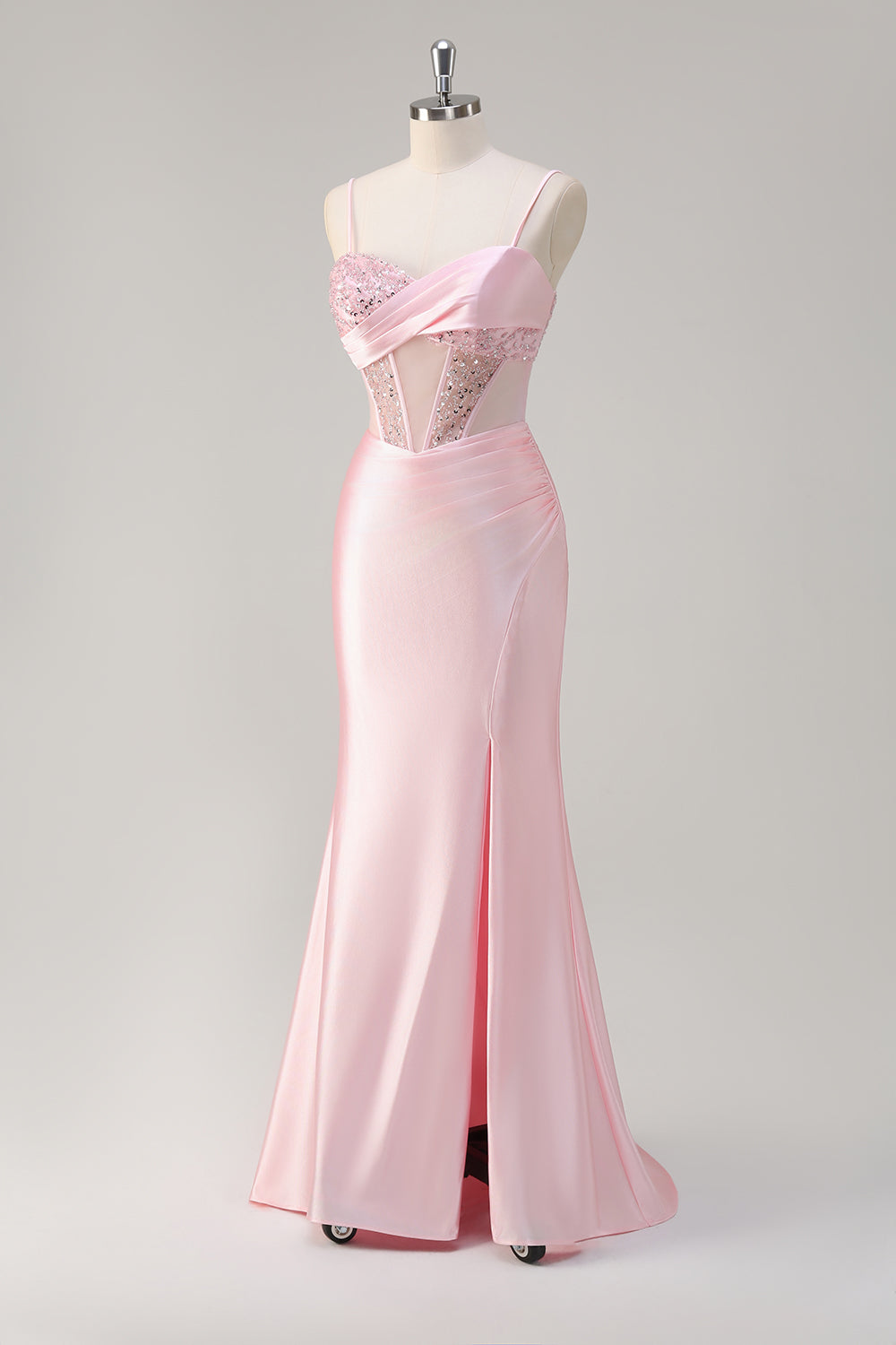 Pink Mermaid Sequined Spaghetti Straps Corset Long Prom Dress with Slit