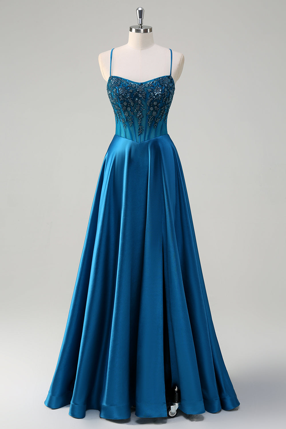 Blue A-Line Spaghetti Straps Applique Corset Long Prom Dress