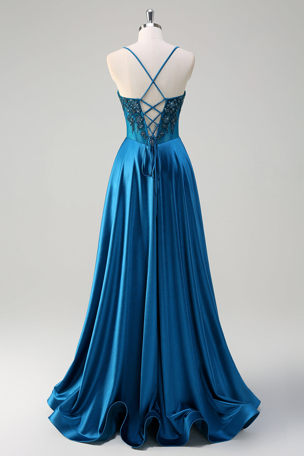 Blue A-Line Spaghetti Straps Applique Corset Long Prom Dress