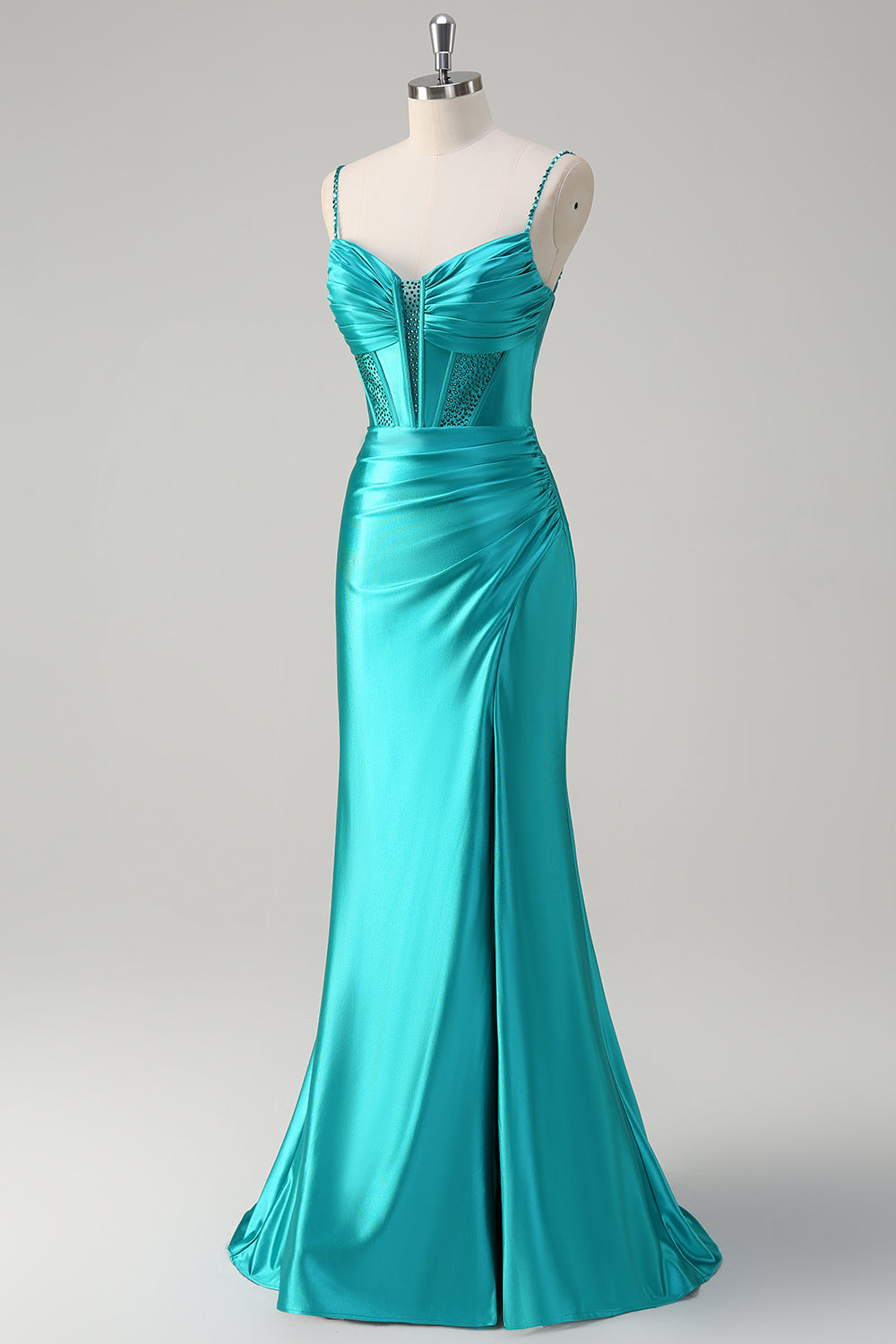 Peacock Beaded Mermaid Spaghetti Straps Corset Prom Dress with Slit