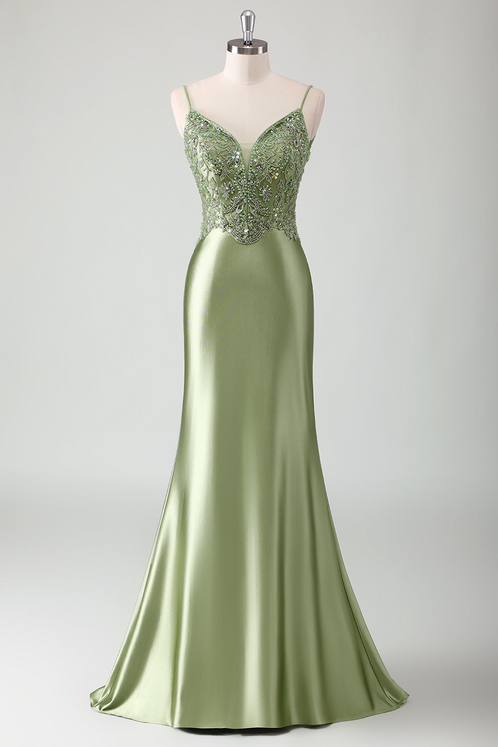 Sage Mermaid Spaghetti Straps Long Prom Dress With Sequins