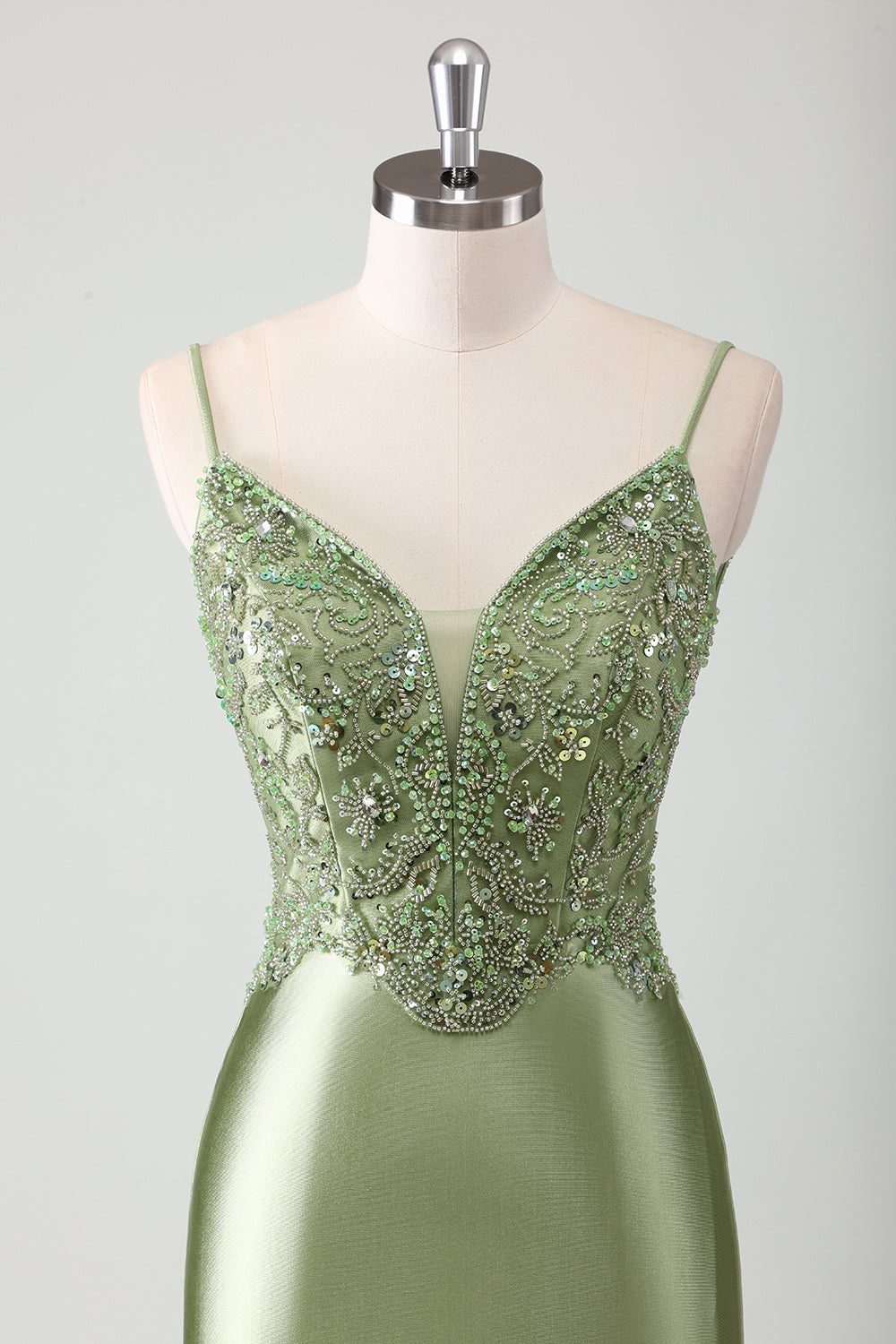 Spaghetti Straps Sage Beaded Mermaid Corset Sweep Train Prom Dress