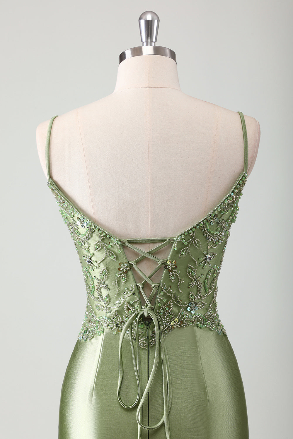 Spaghetti Straps Sage Beaded Mermaid Corset Sweep Train Prom Dress