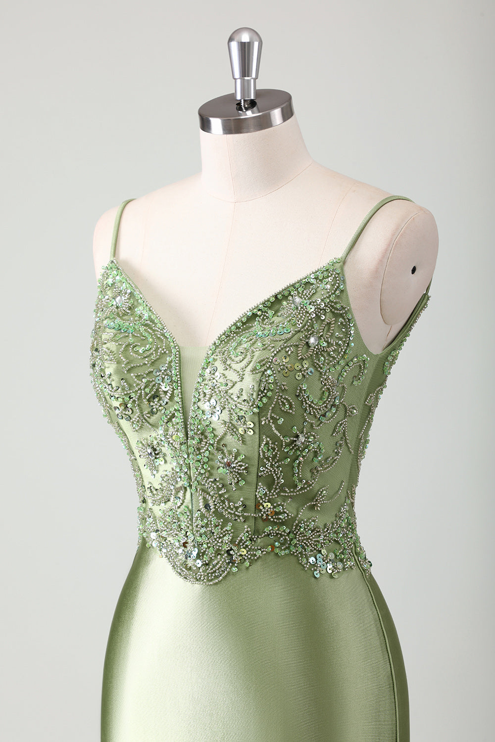 Spaghetti Straps Sage Beaded Mermaid Corset Sweep Train Prom Dress