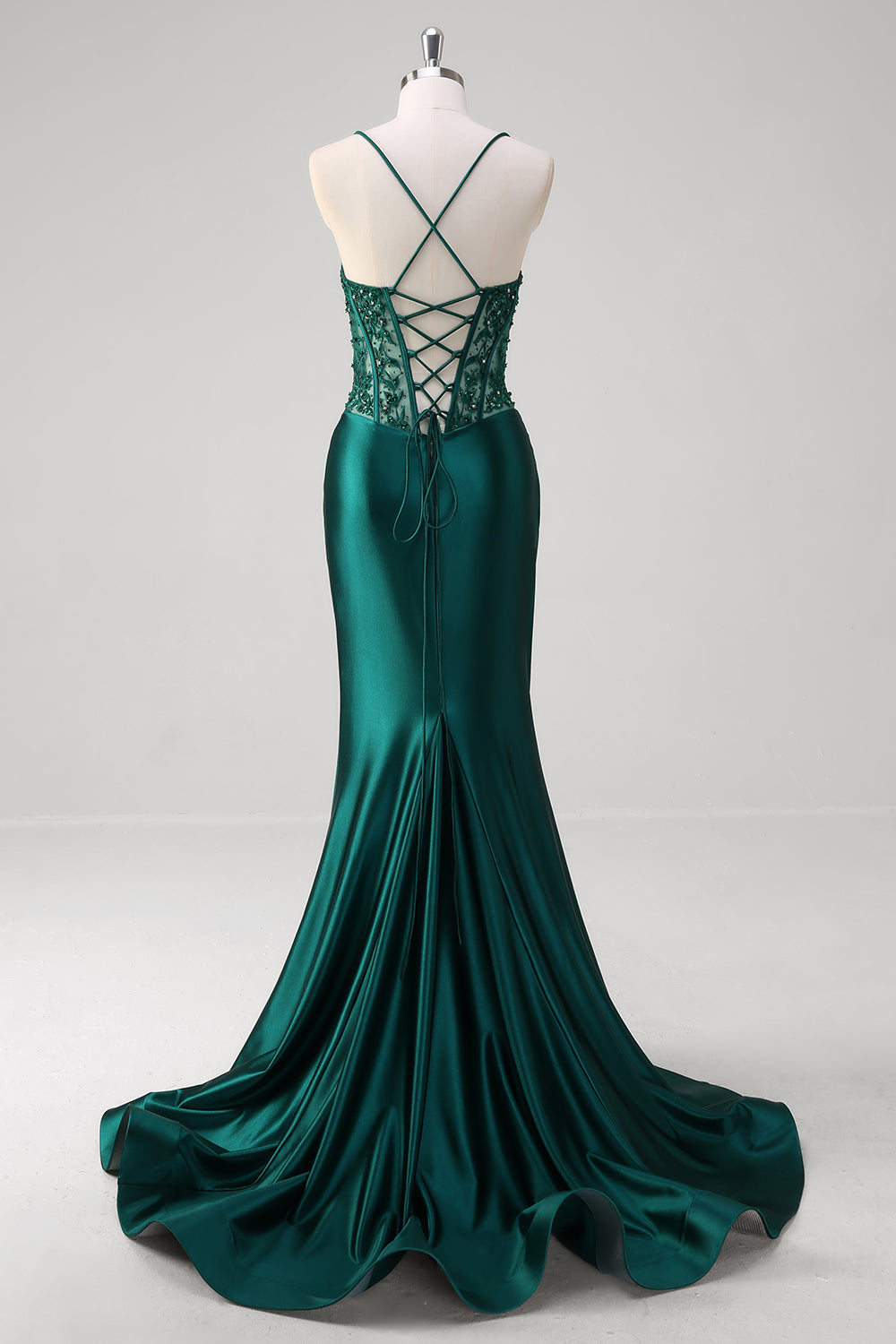 Sparkly Dark Green Mermaid Applique Spaghetti Straps Long Prom Dress