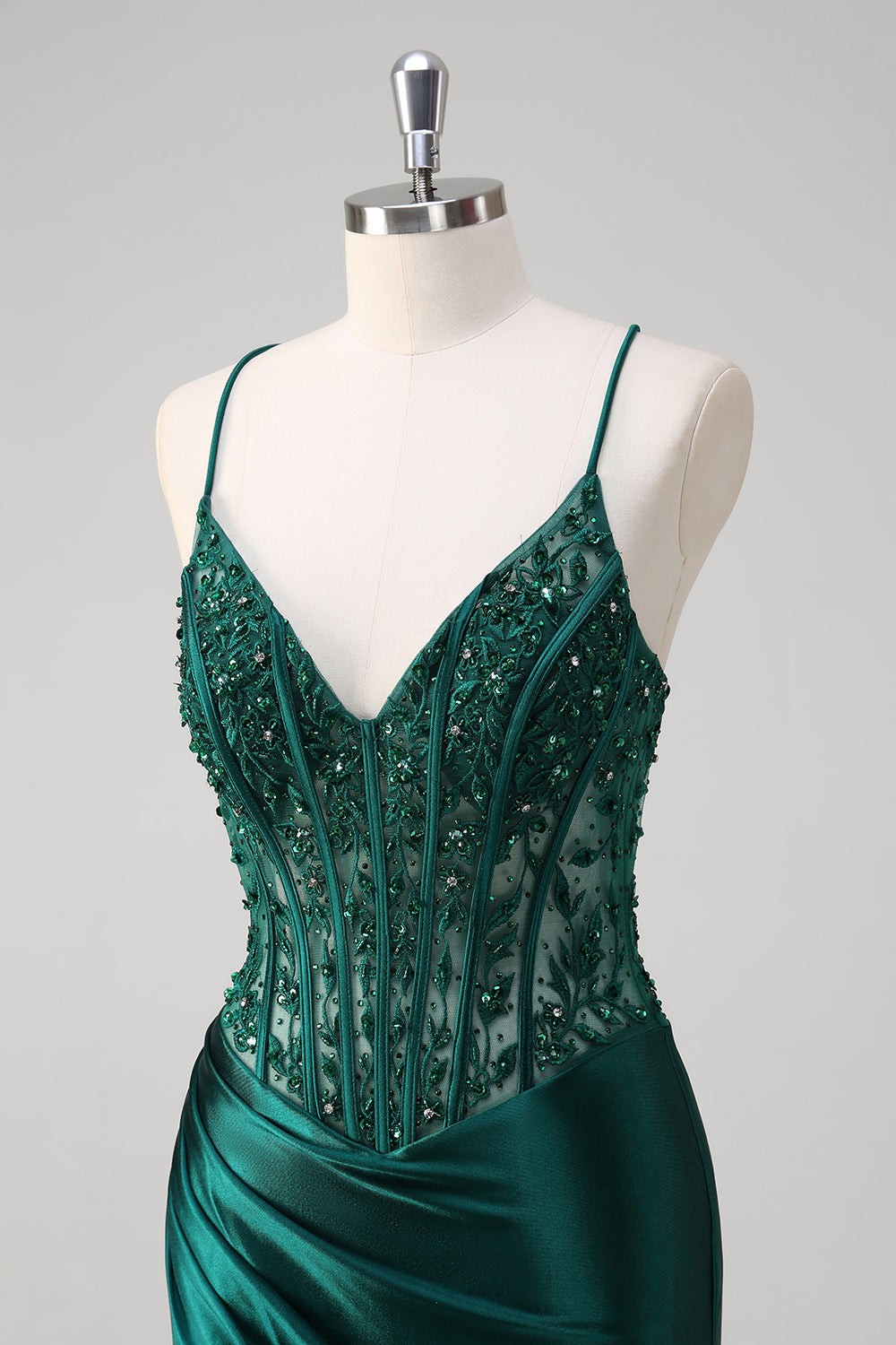 Sparkly Dark Green Mermaid Applique Spaghetti Straps Long Prom Dress