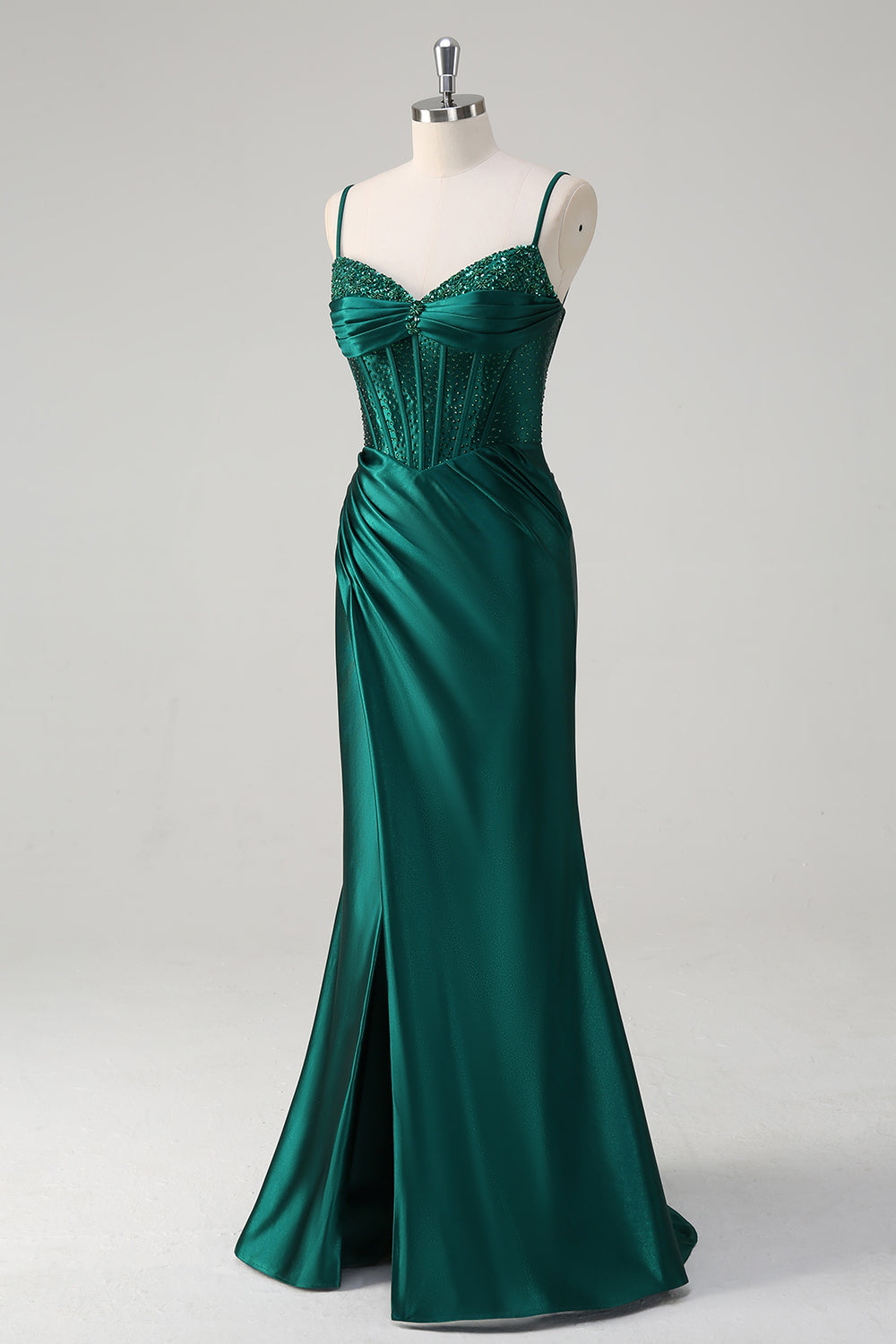 Dark Green Mermaid Sequined Spaghetti Straps Long Prom Dress with Slit