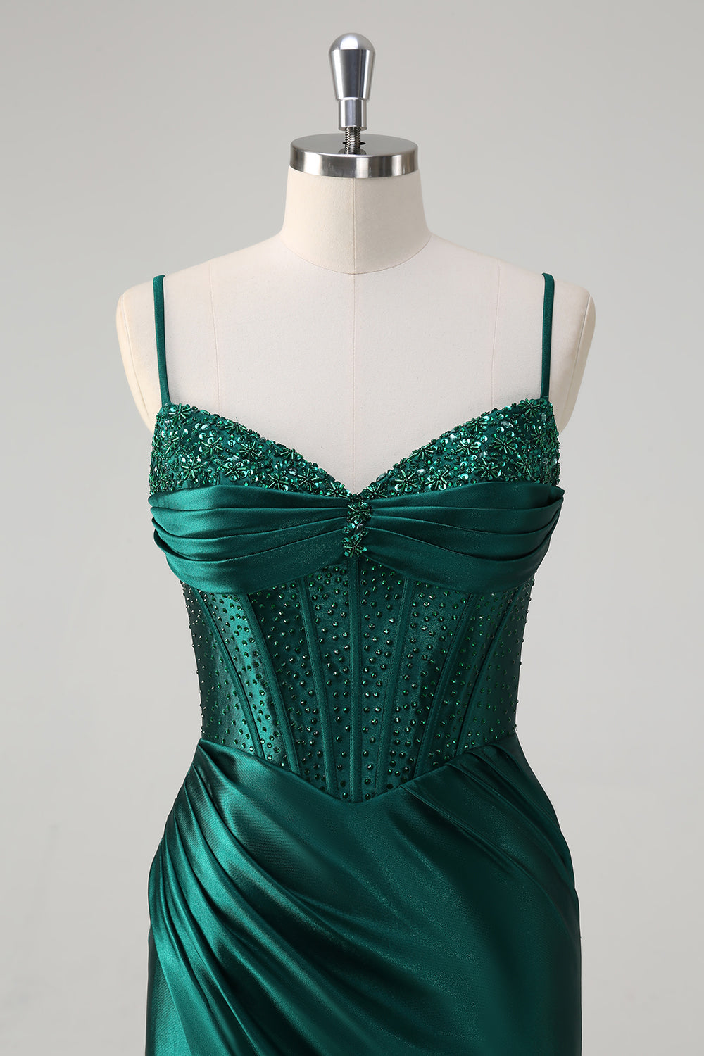 Dark Green Mermaid Sequined Spaghetti Straps Long Prom Dress with Slit