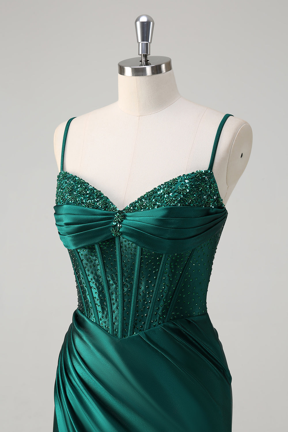 Dark Green Mermaid Sequined Spaghetti Straps Long Prom Dress with Slit