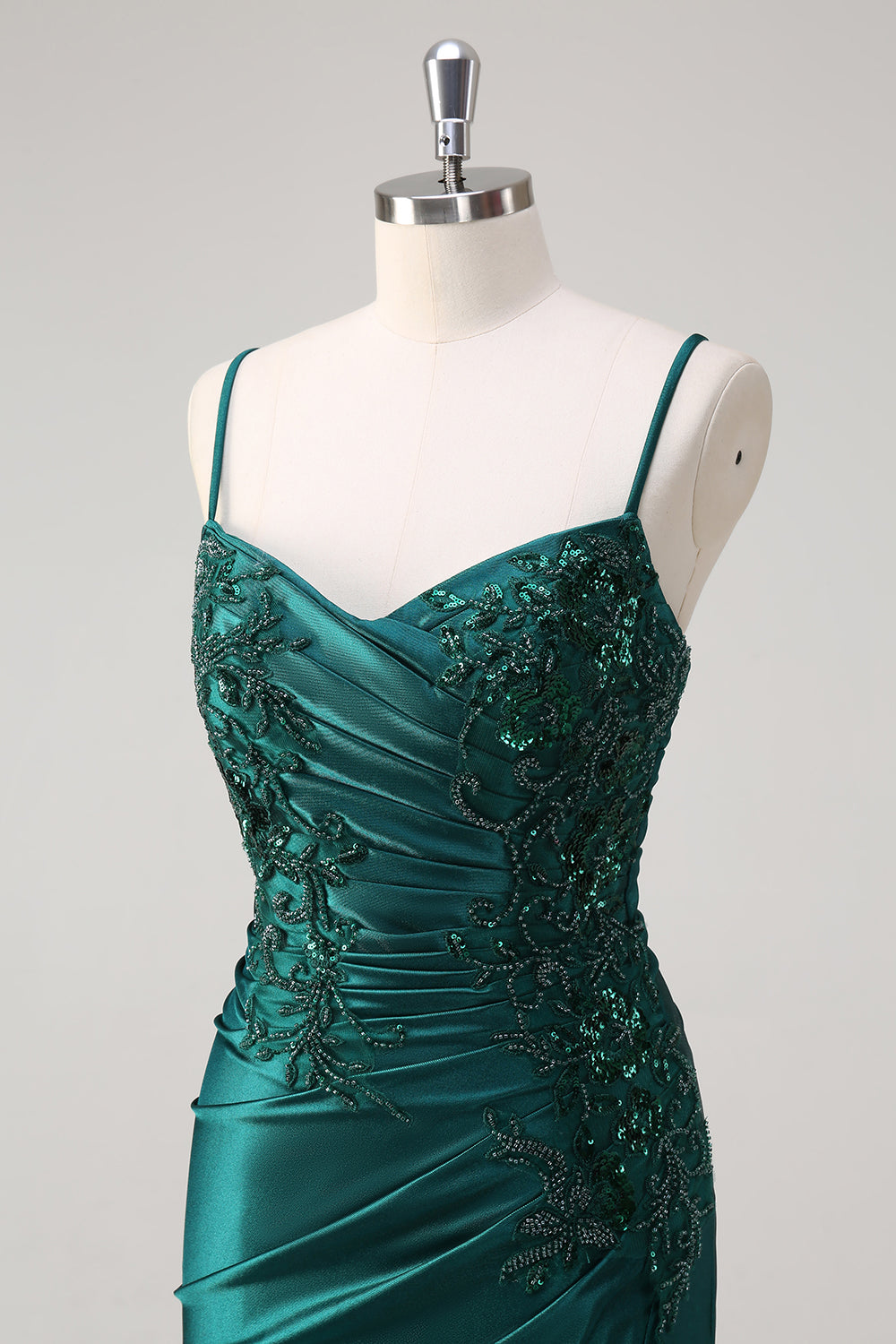 Dark Green Mermaid Applique Spaghetti Straps Long Prom Dress with Slit