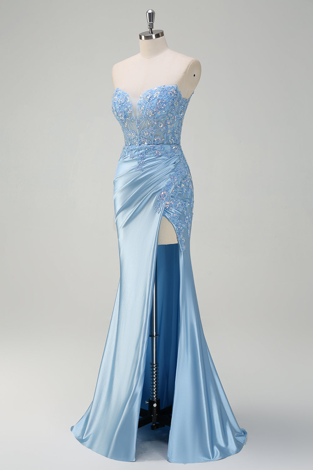 Sparkly Light Blue Mermaid Strapless Corset Sequin Satin Prom Dress with Slit