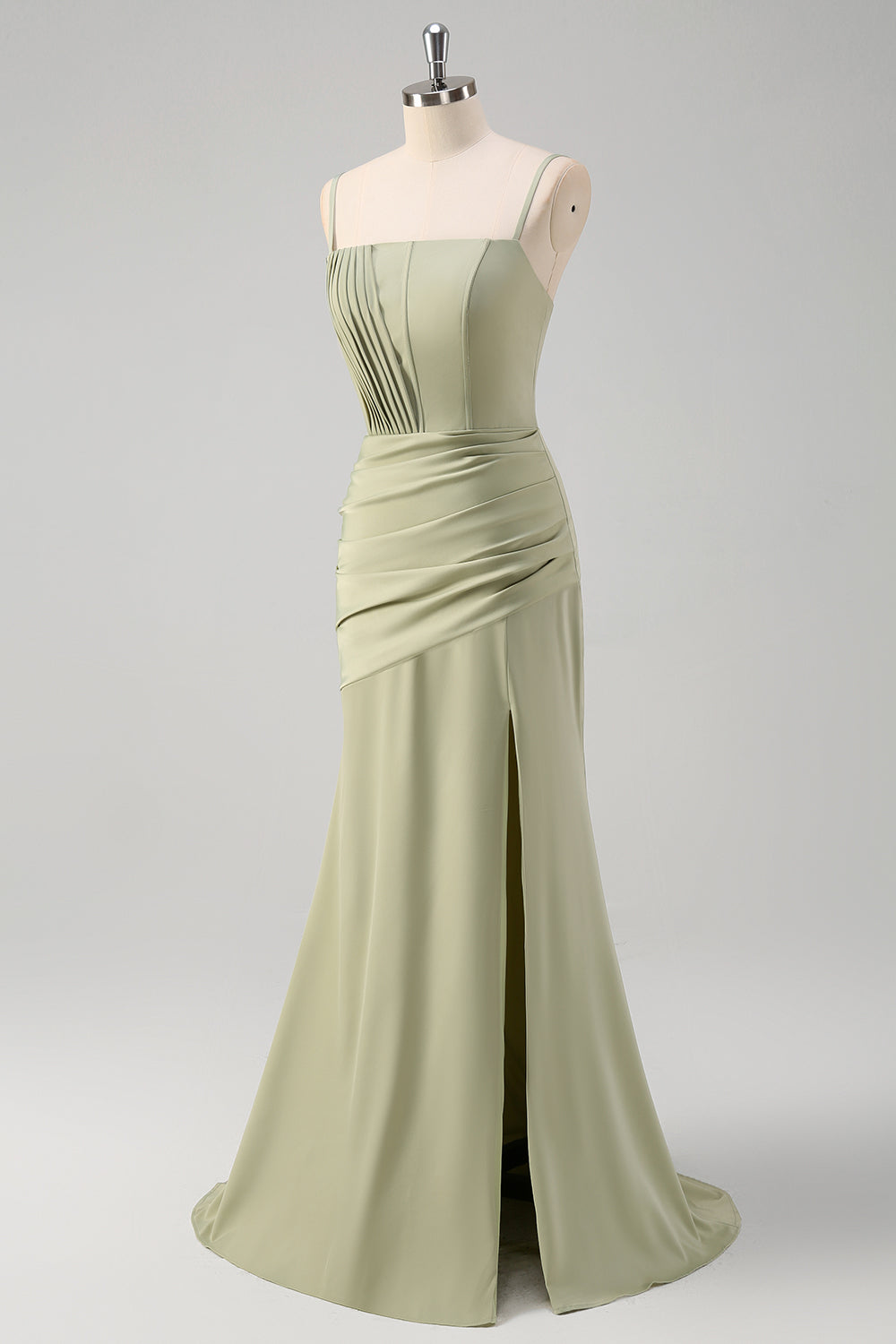 Sage Spaghetti Straps Long Bridesmaid Dress with Slit