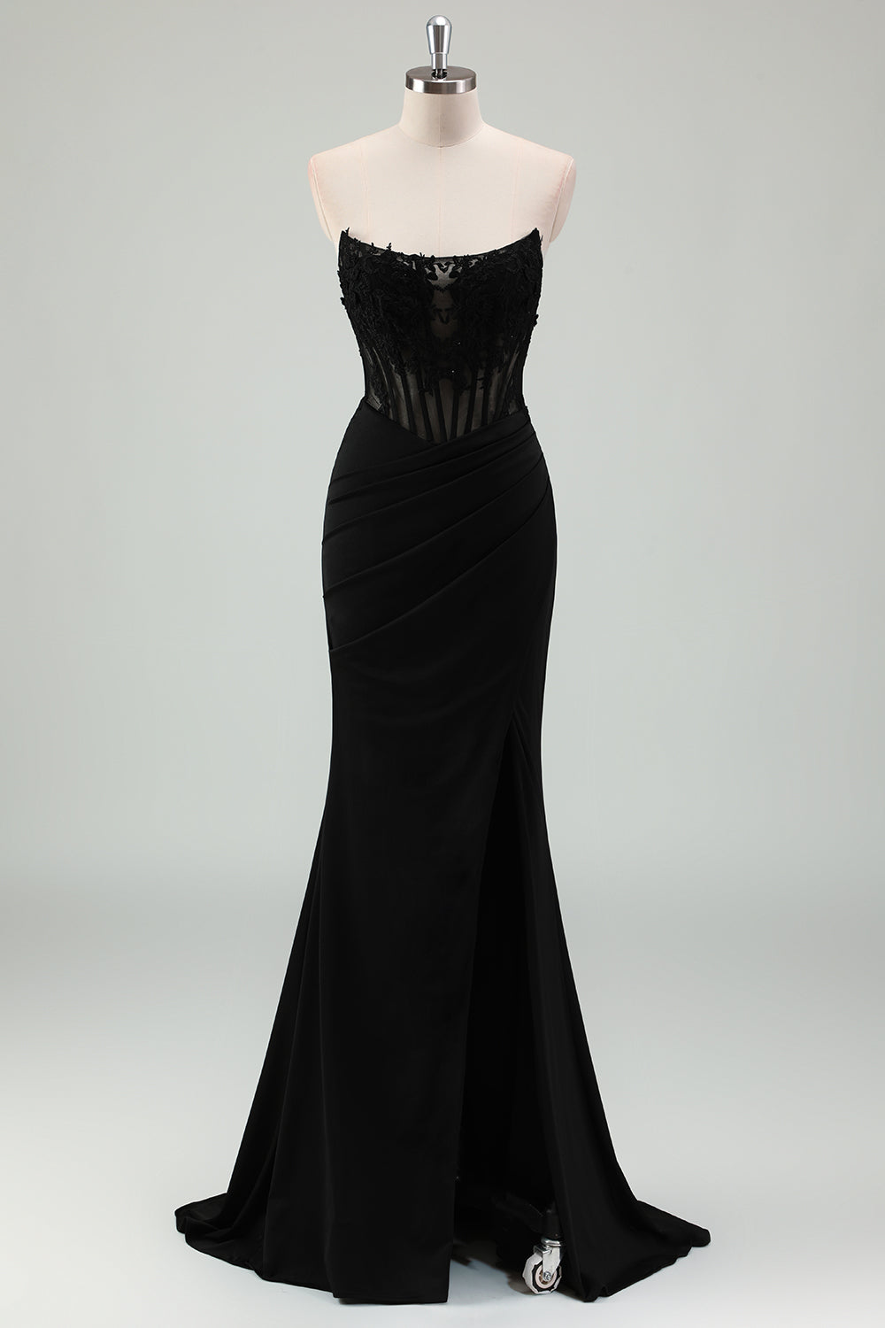 Mermaid Black Corset Strapless Long Prom Dress with Slit