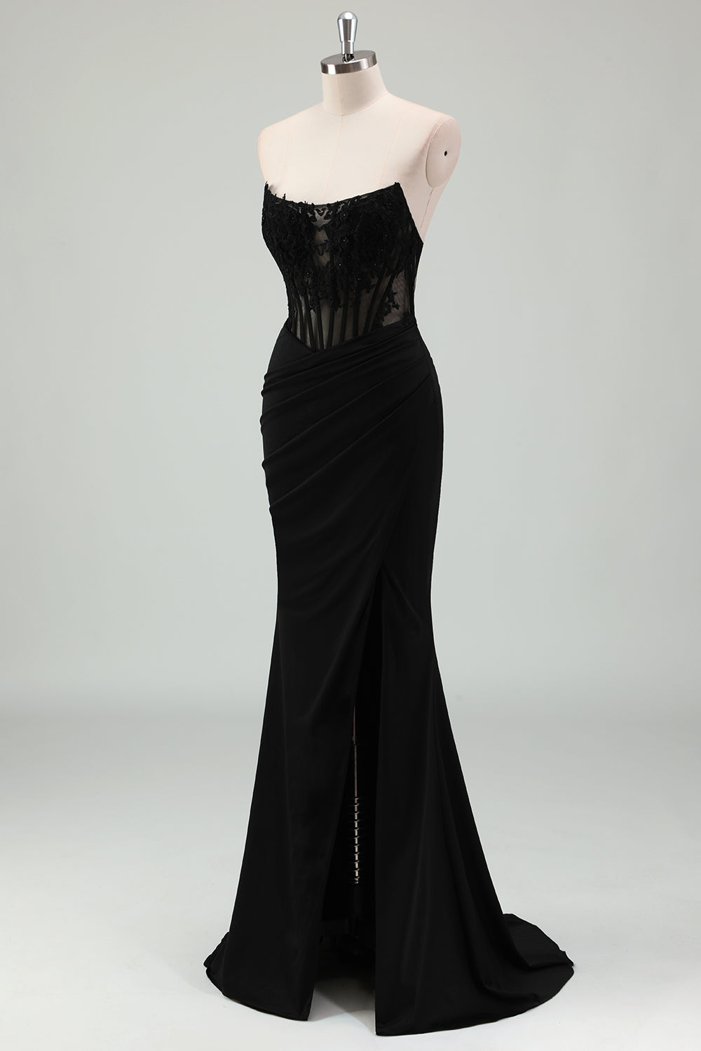 Mermaid Black Corset Strapless Long Prom Dress with Slit