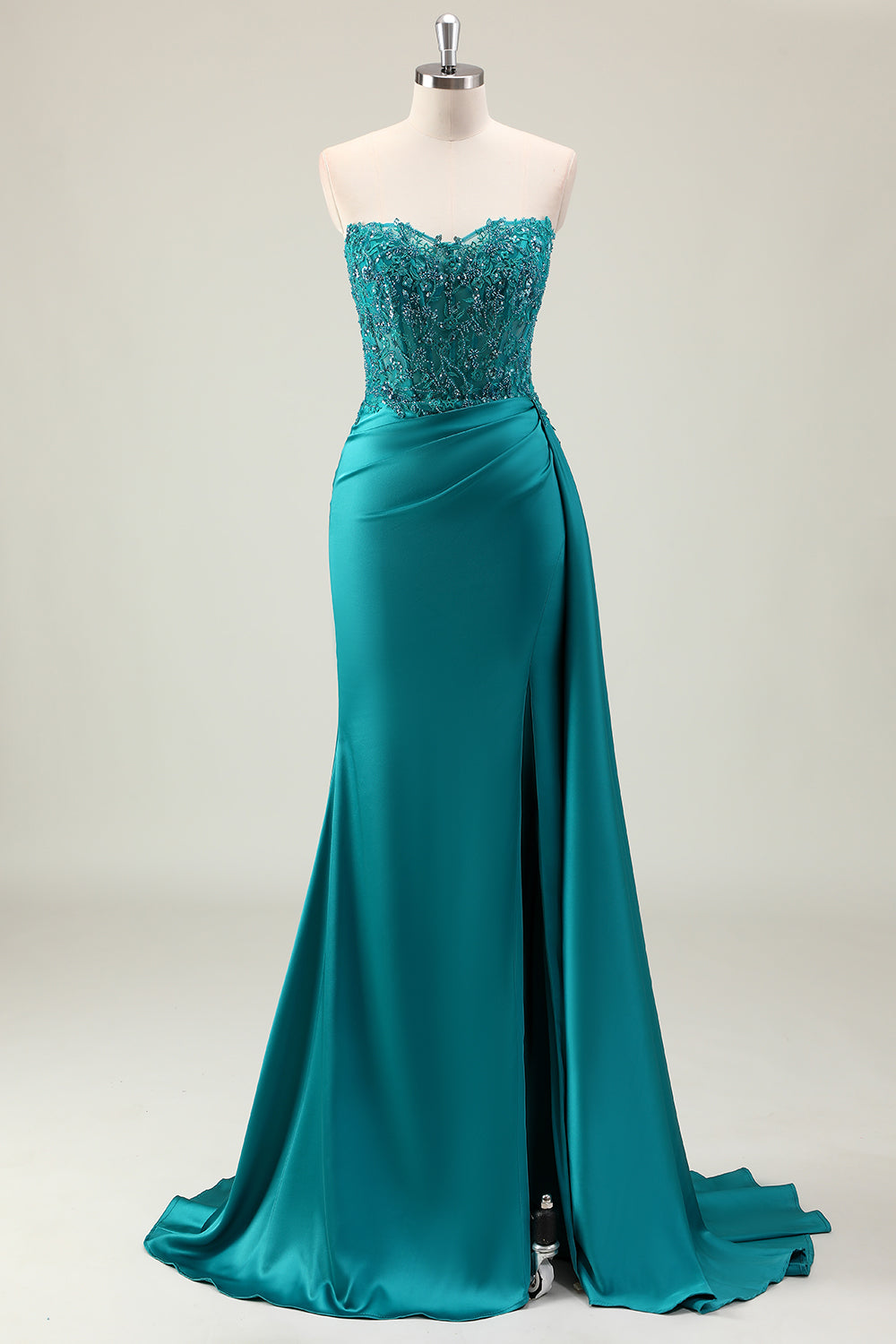 Sparkly Corset Sweetheart Green Long Prom Dress With Slit