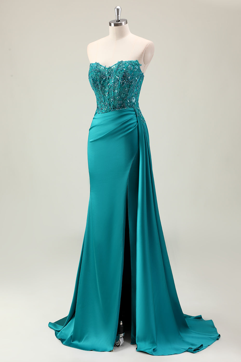 Sparkly Corset Sweetheart Green Long Prom Dress With Slit