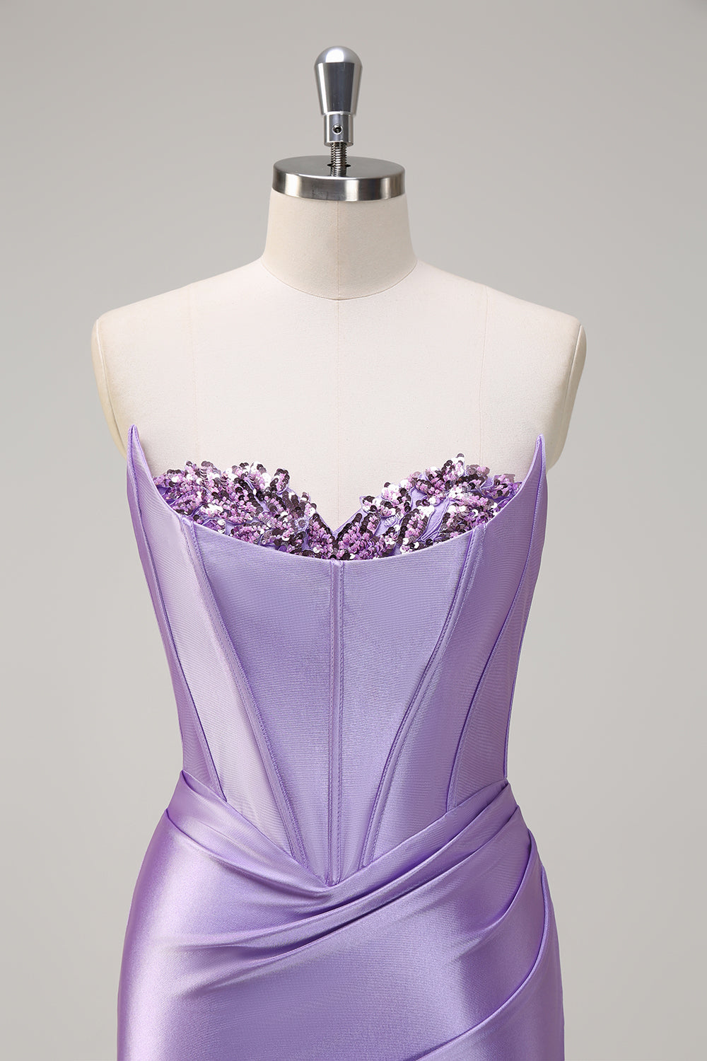 Sparkly Lilac Mermaid Strapless Corset Sequin Satin Long Prom Dress with Slit